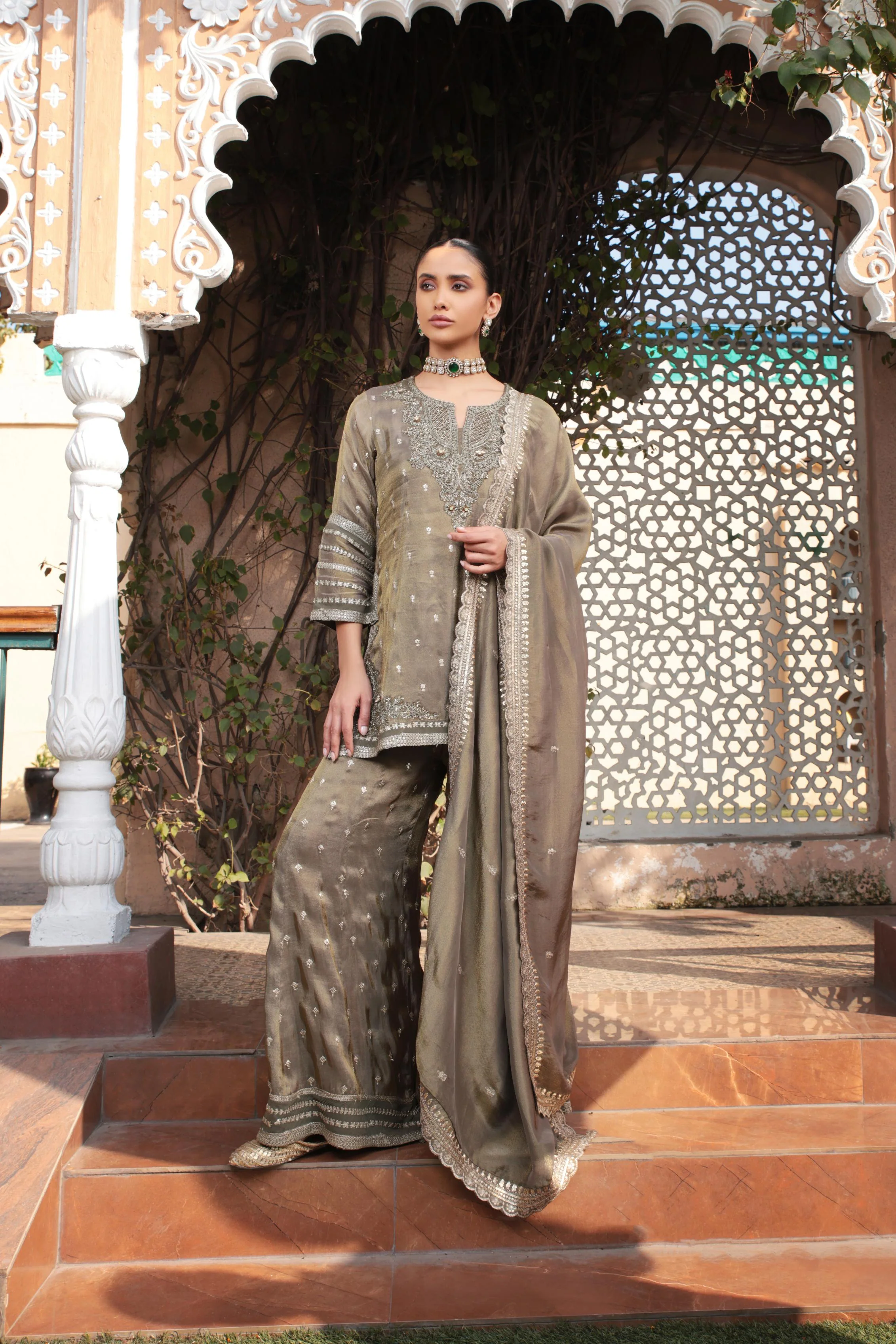 Haute Bronze Embellished Tissue Silk Palazzo Set - Image 4