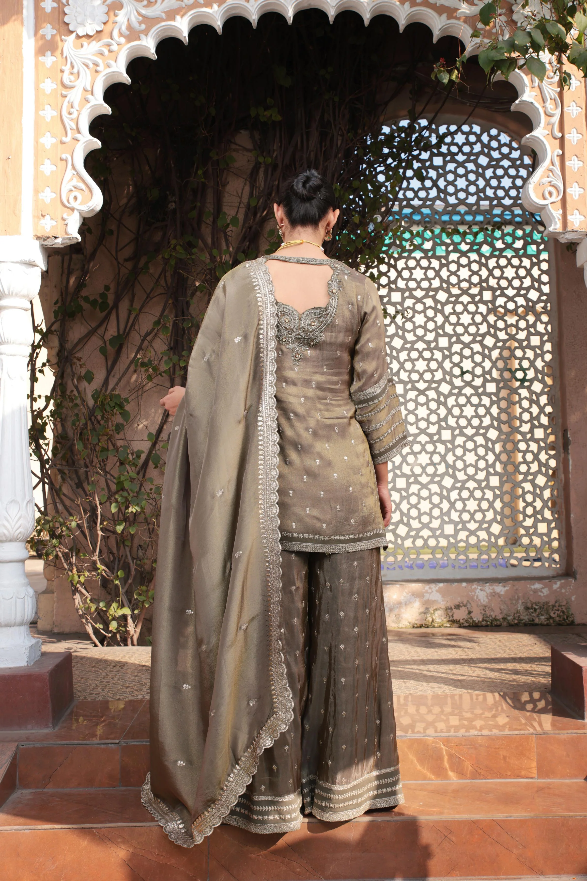 Haute Bronze Embellished Tissue Silk Palazzo Set - Image 5