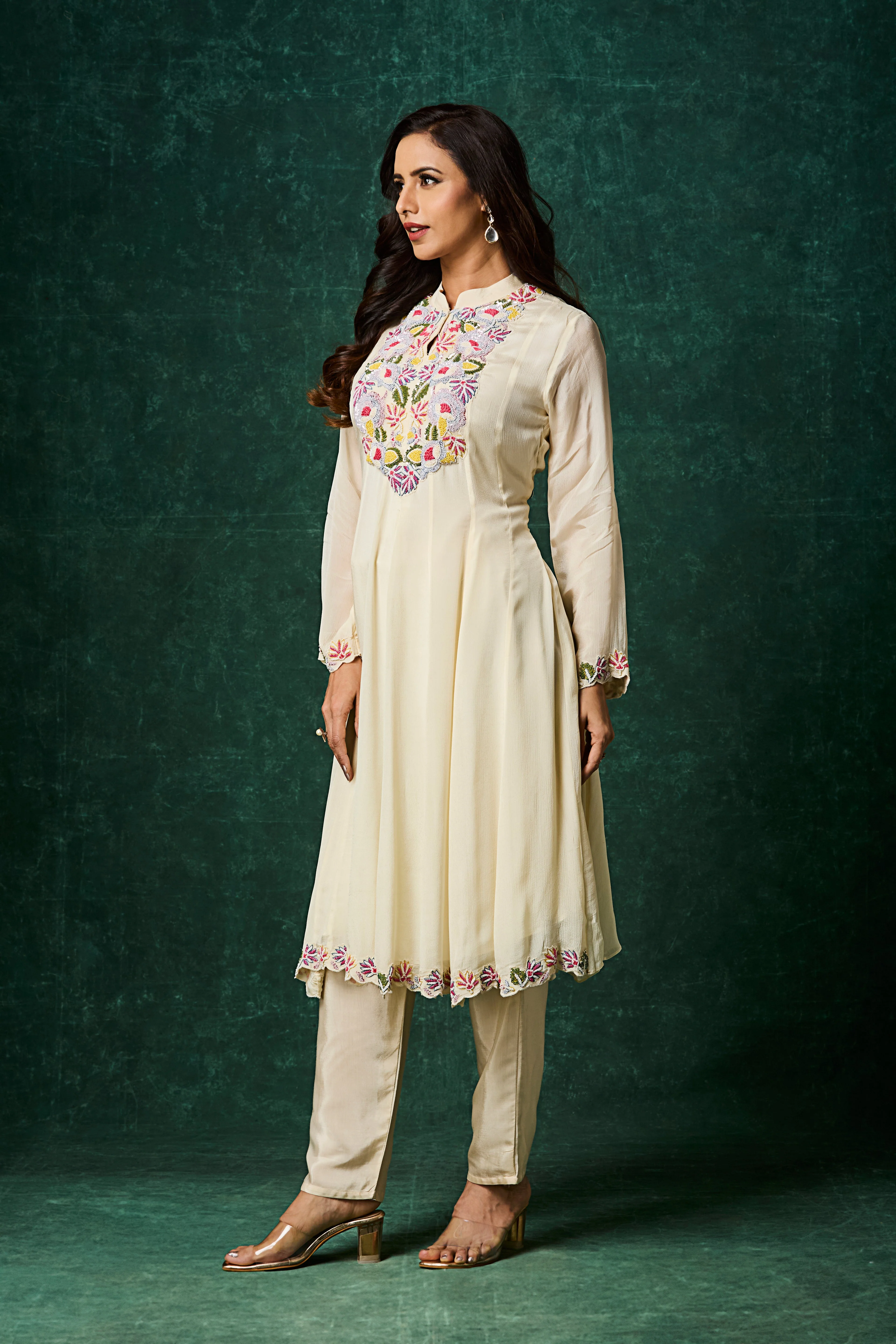 Ivory Embellished Chinon Silk Anarkali Set - Image 2