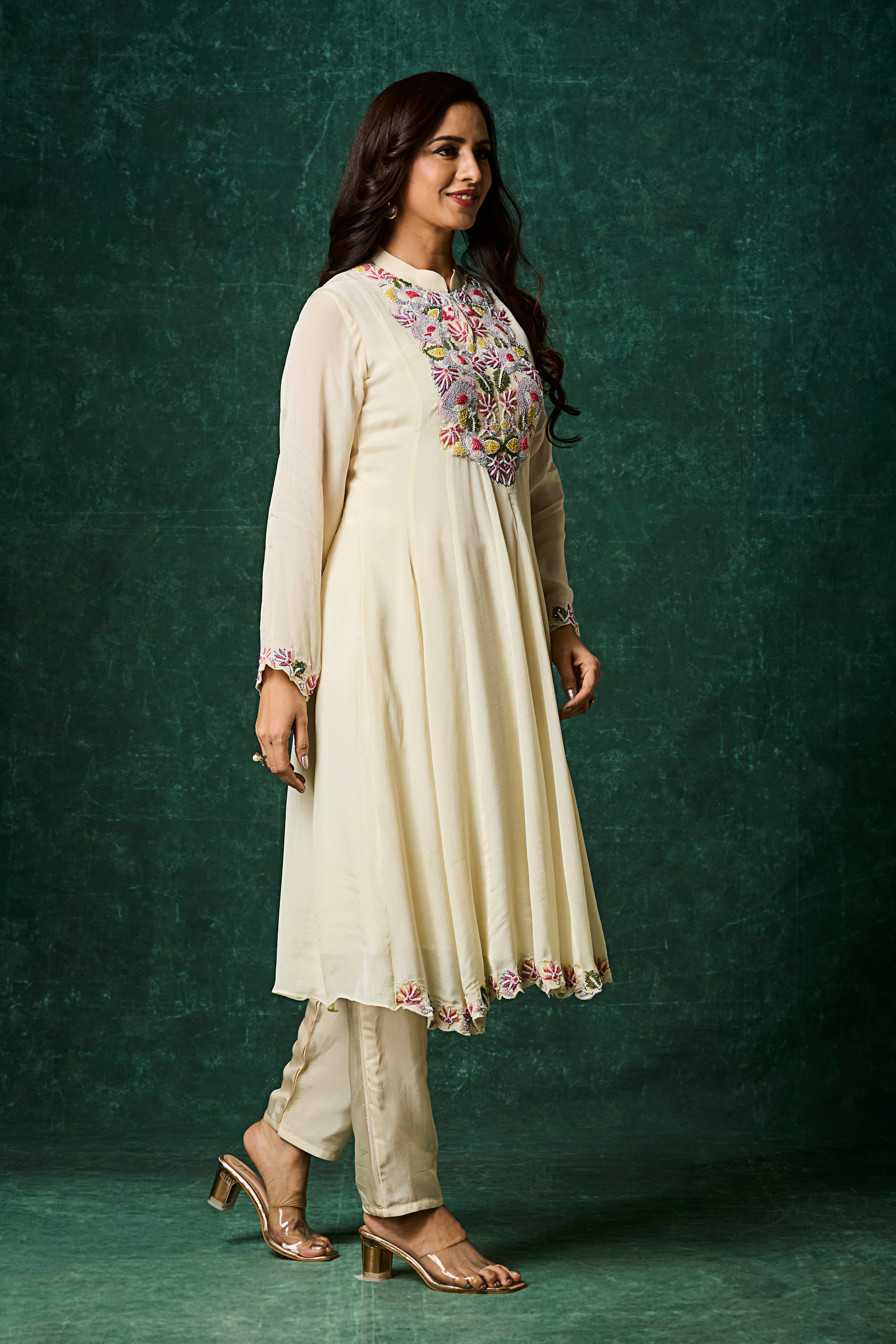 Ivory Embellished Chinon Silk Anarkali Set - Image 3