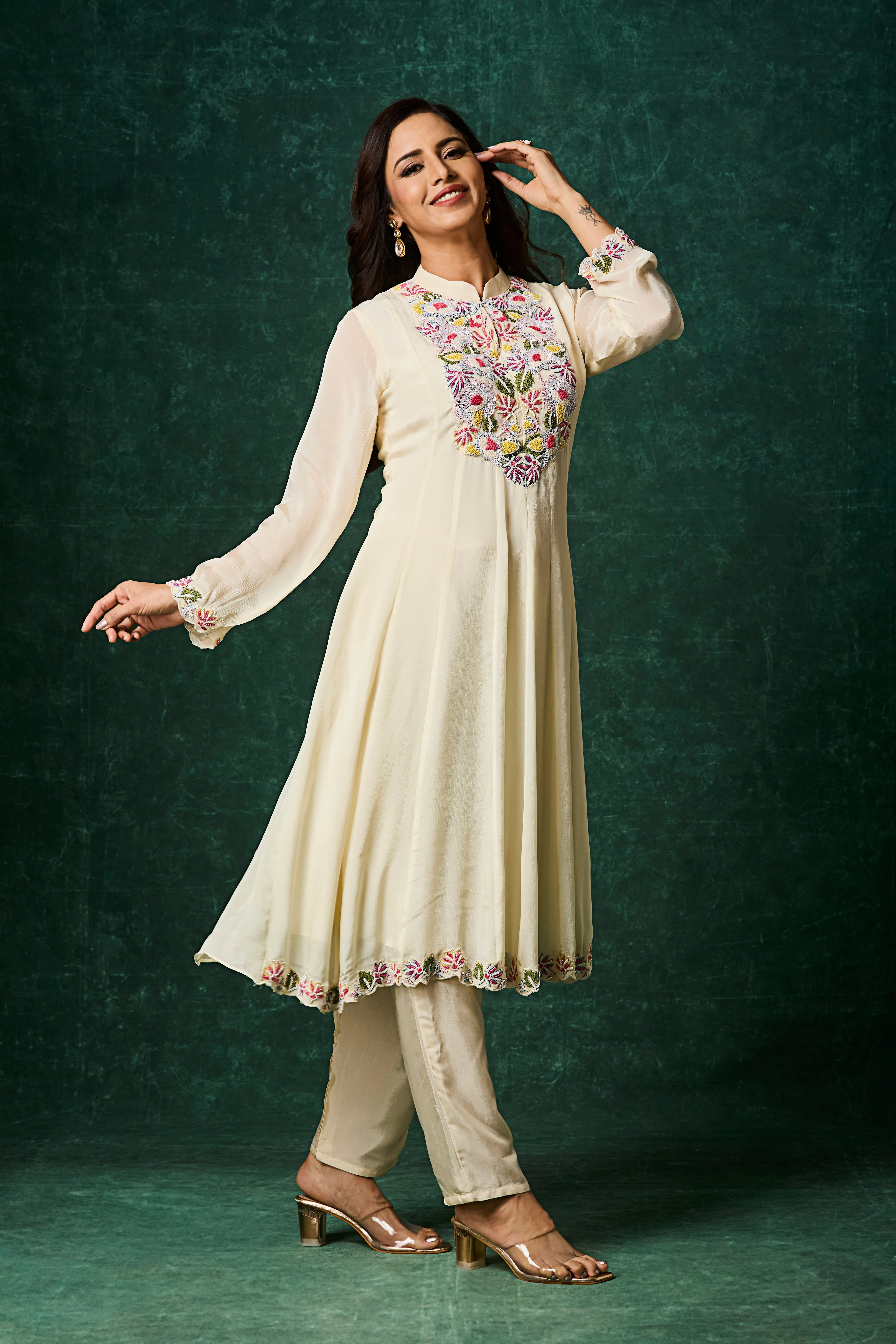 Ivory Embellished Chinon Silk Anarkali Set - Image 4