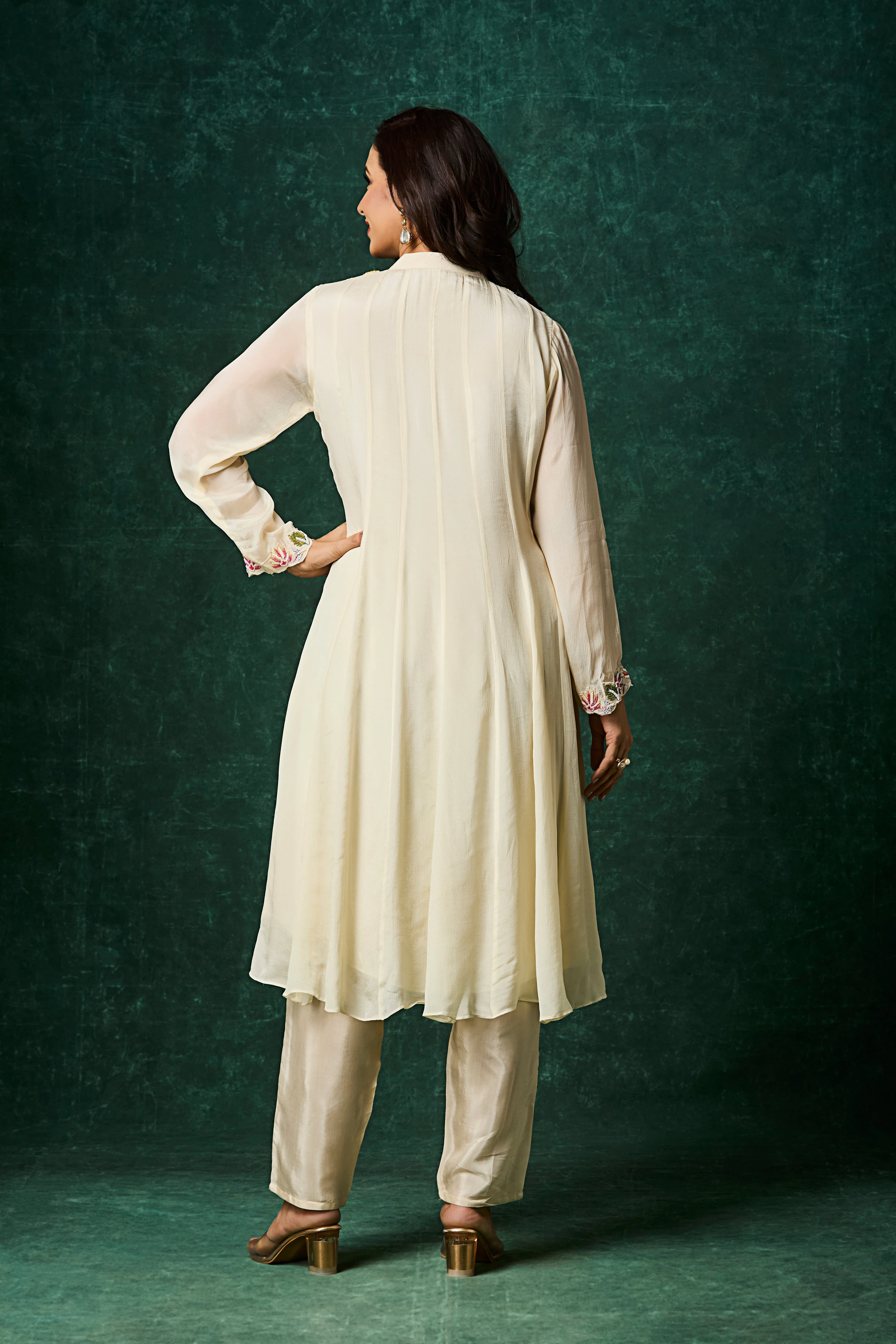 Ivory Embellished Chinon Silk Anarkali Set - Image 5