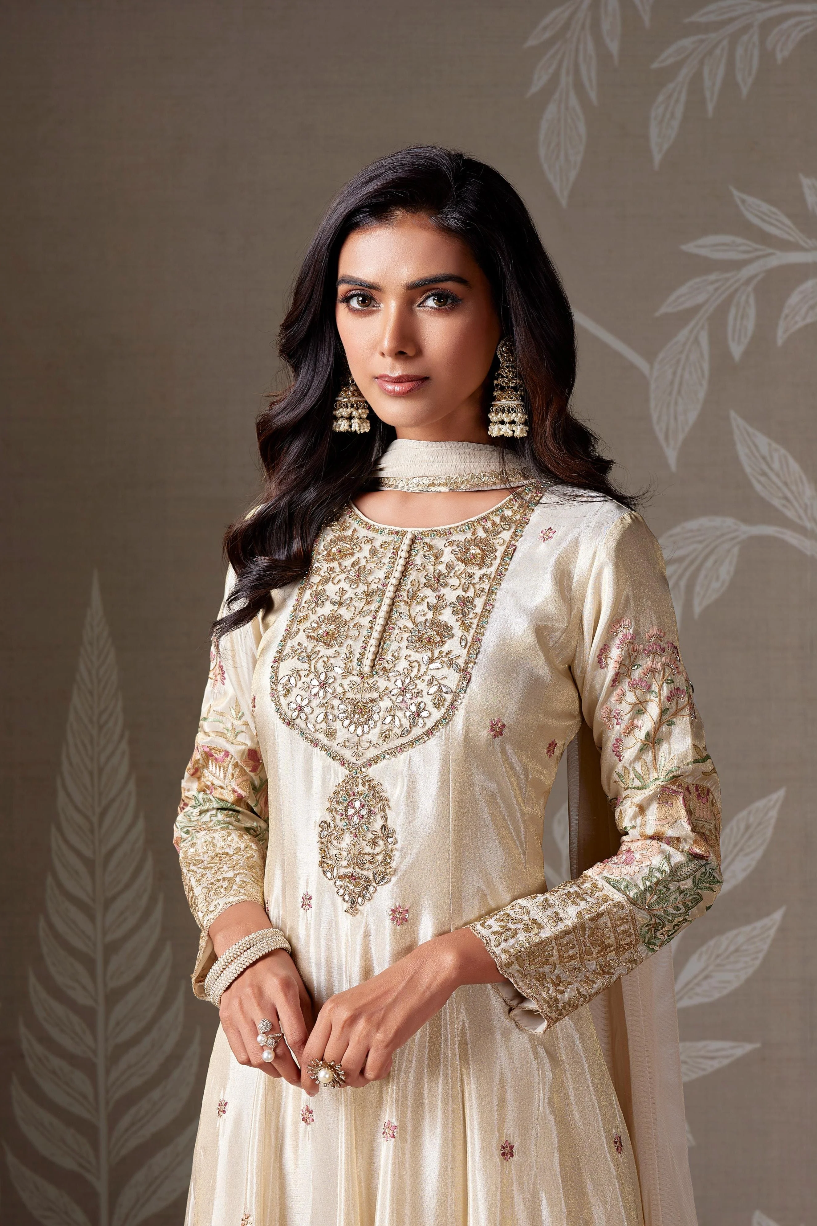 Ivory Embellished Chinon Silk Anarkali Set - Image 2