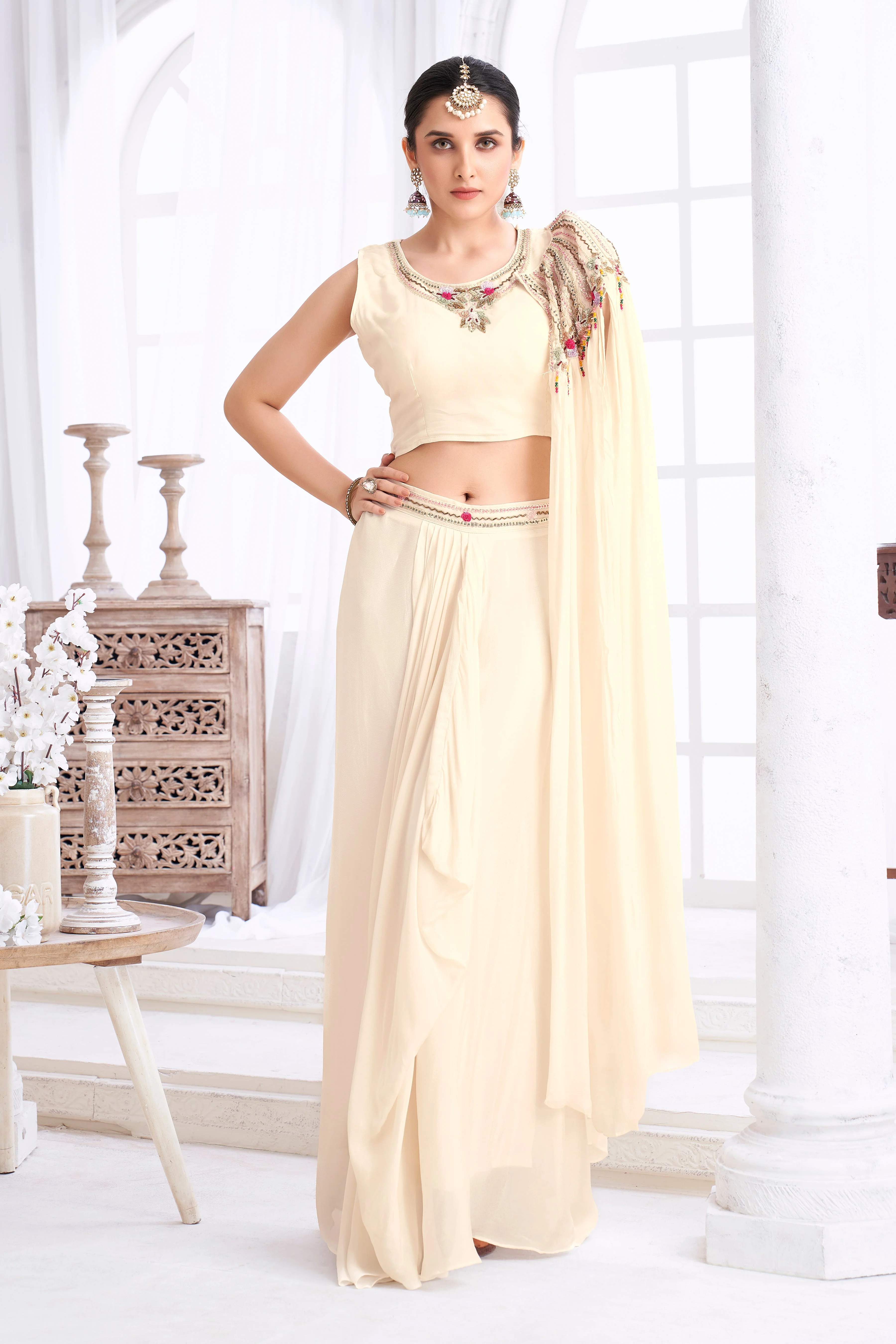 Cream Embellished Chinon Silk Cape Set