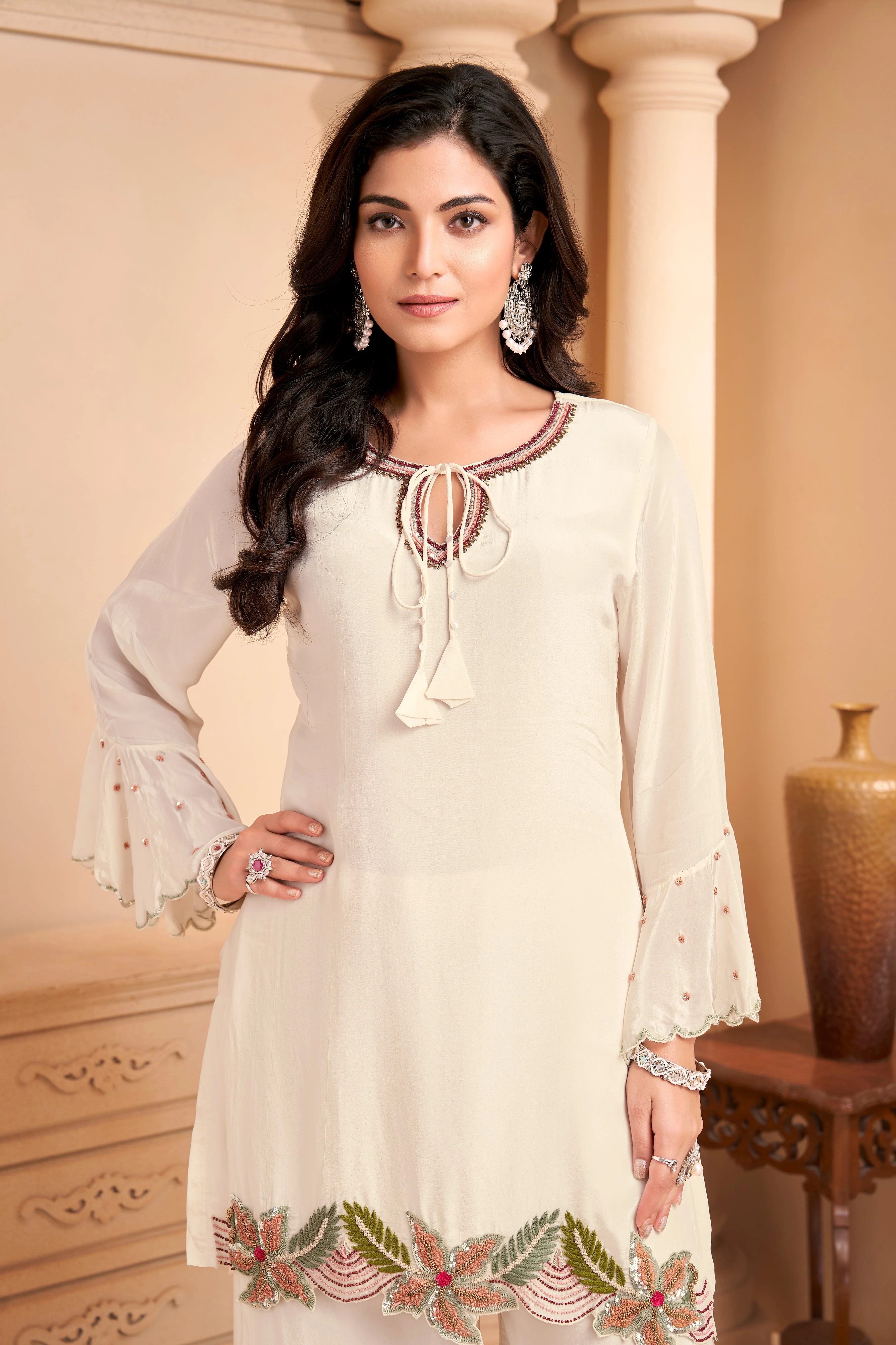 Ivory Embellished Crepe Silk Palazzo Set - Image 2