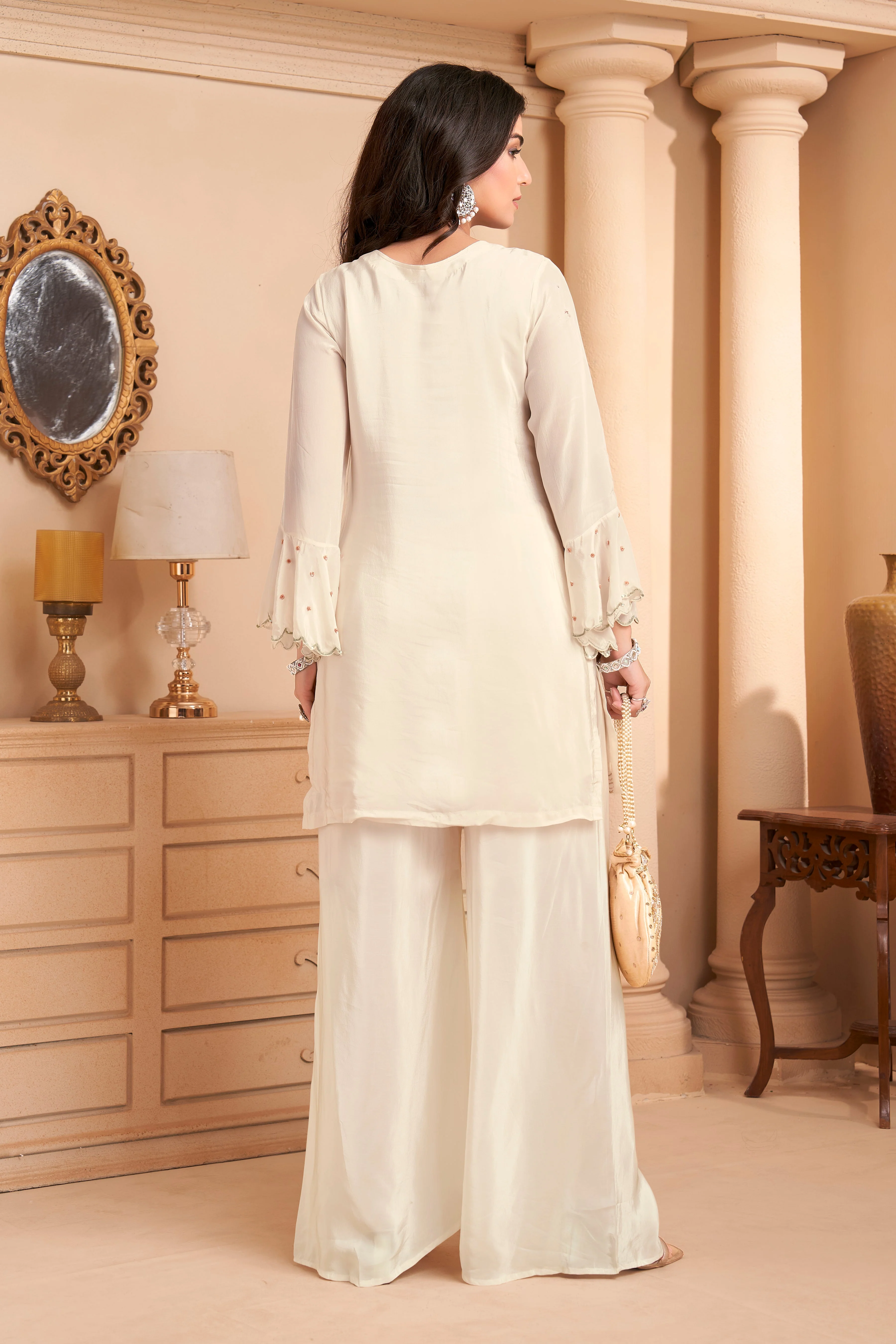 Ivory Embellished Crepe Silk Palazzo Set - Image 4