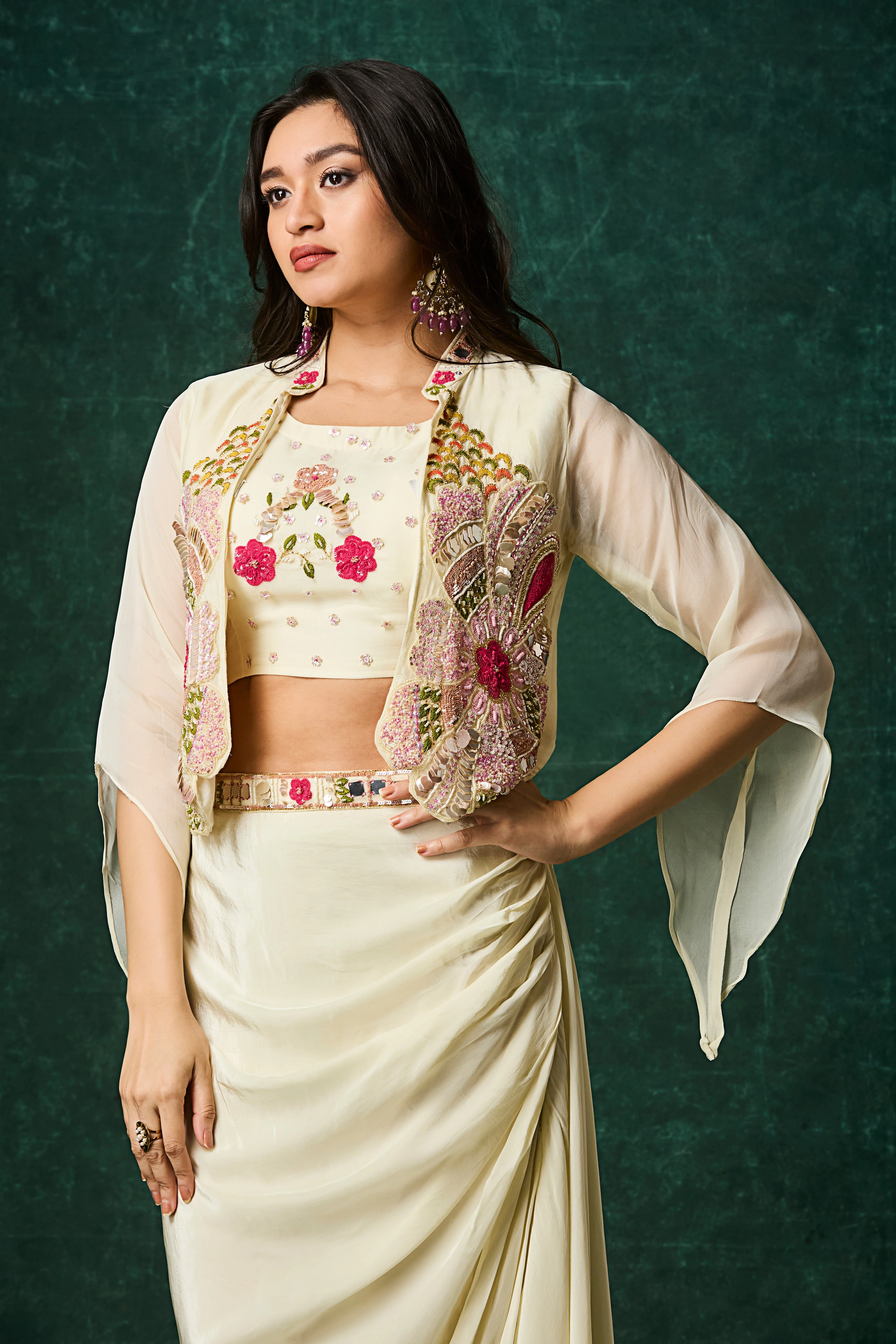 Ivory Embellished Crepe Silk Skirt Set - Image 2