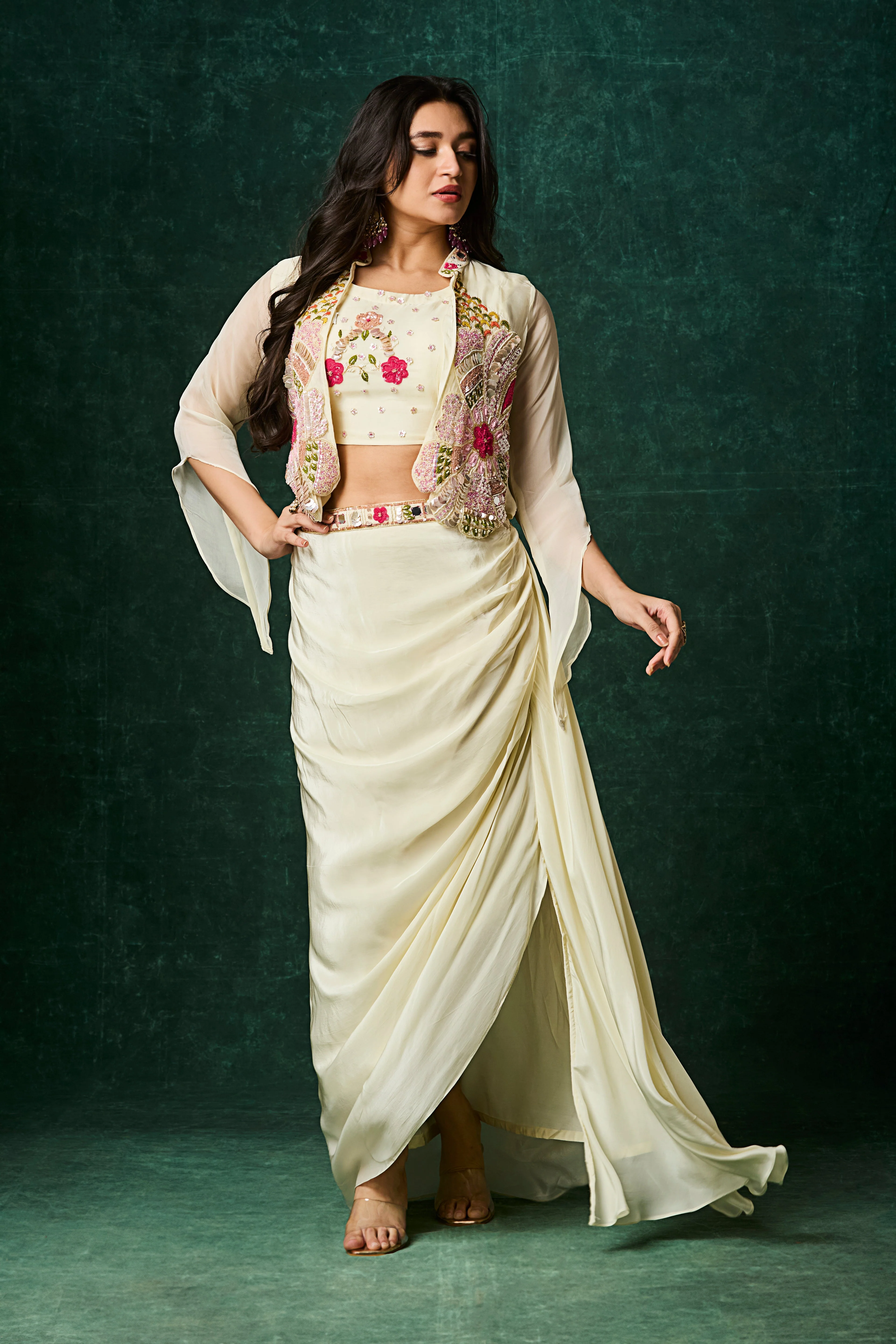 Ivory Embellished Crepe Silk Skirt Set - Image 3
