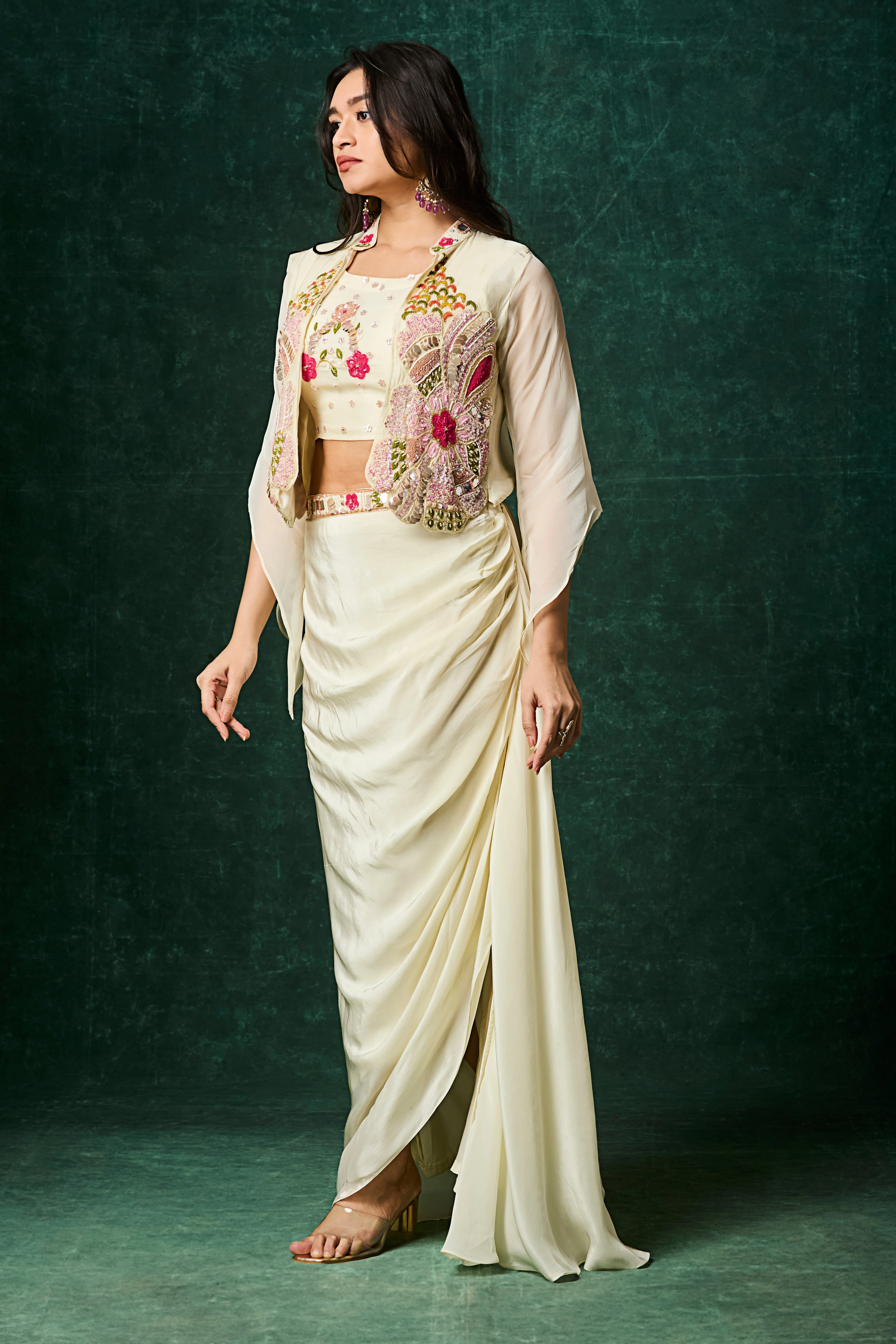 Ivory Embellished Crepe Silk Skirt Set - Image 4