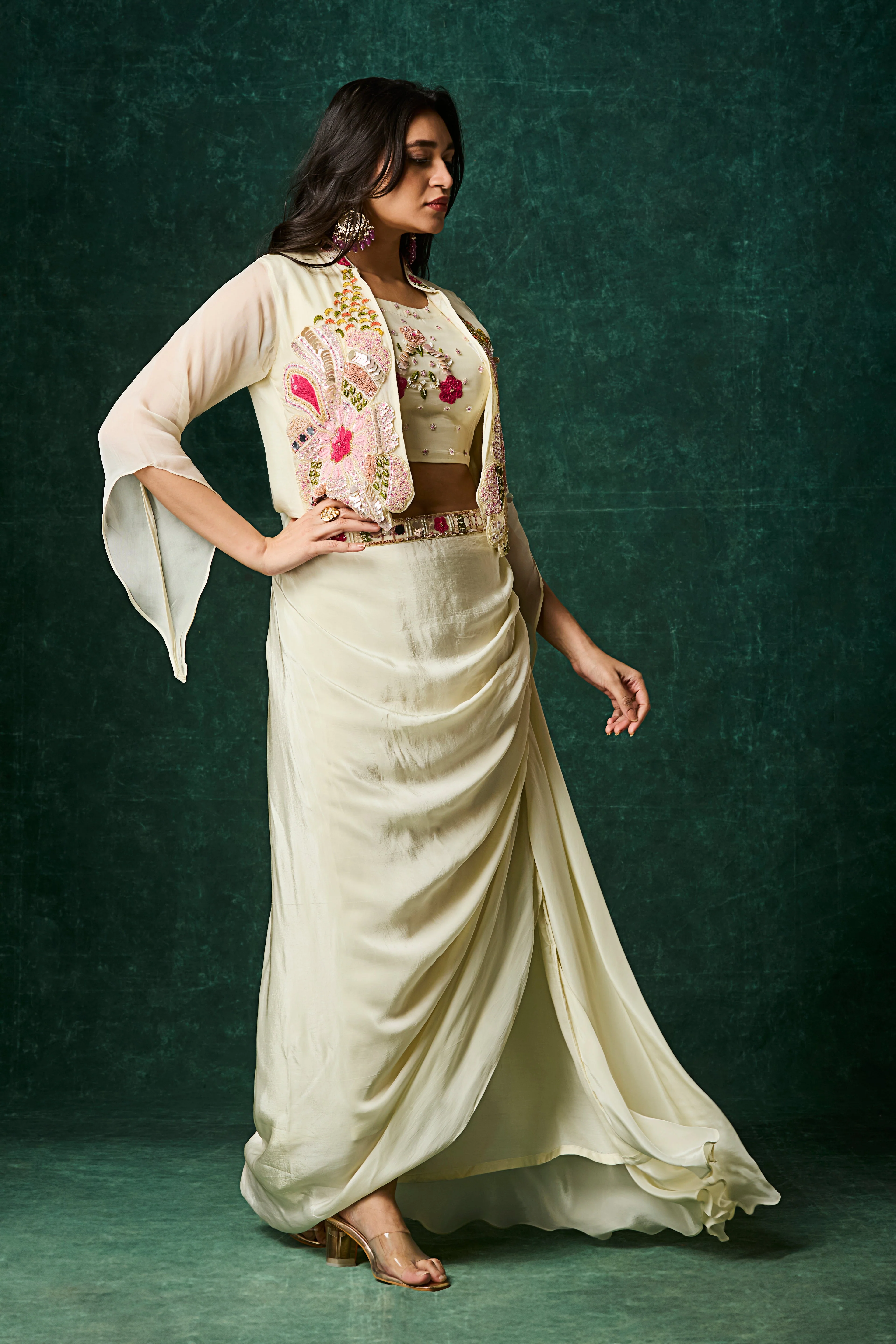 Ivory Embellished Crepe Silk Skirt Set - Image 5