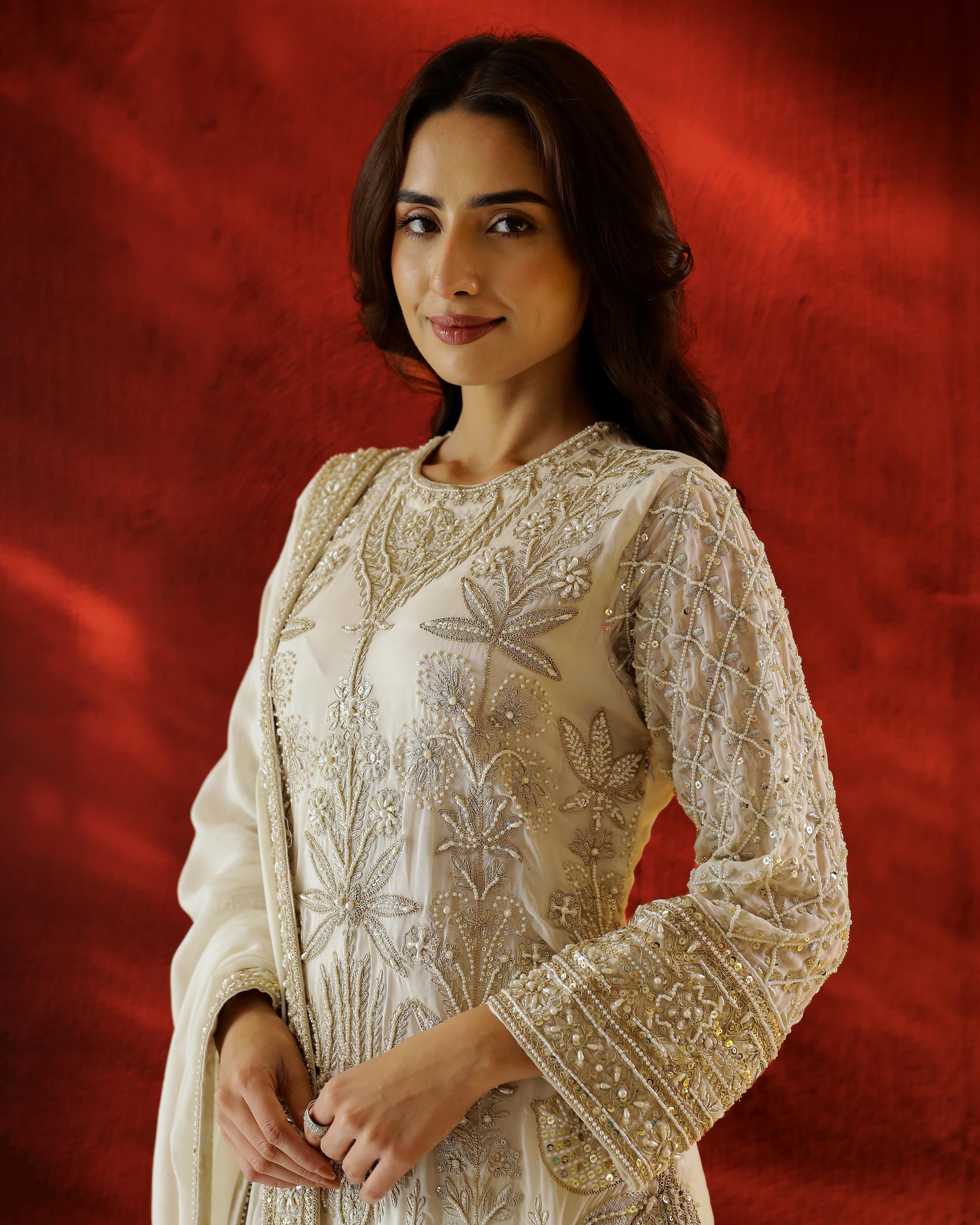 Ivory Embellished Organza Net Silk Kurta Set - Image 2