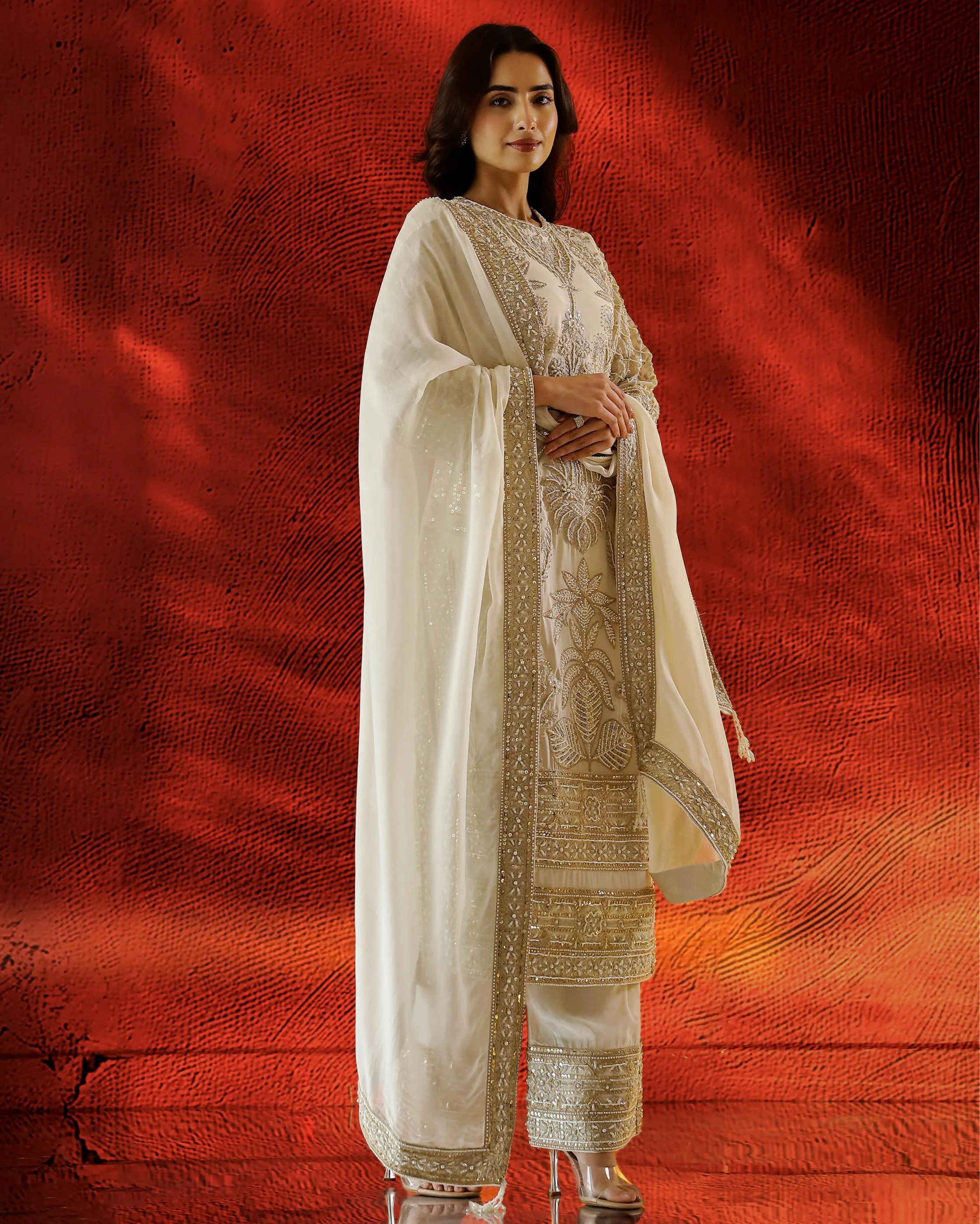 Ivory Embellished Organza Net Silk Kurta Set - Image 3