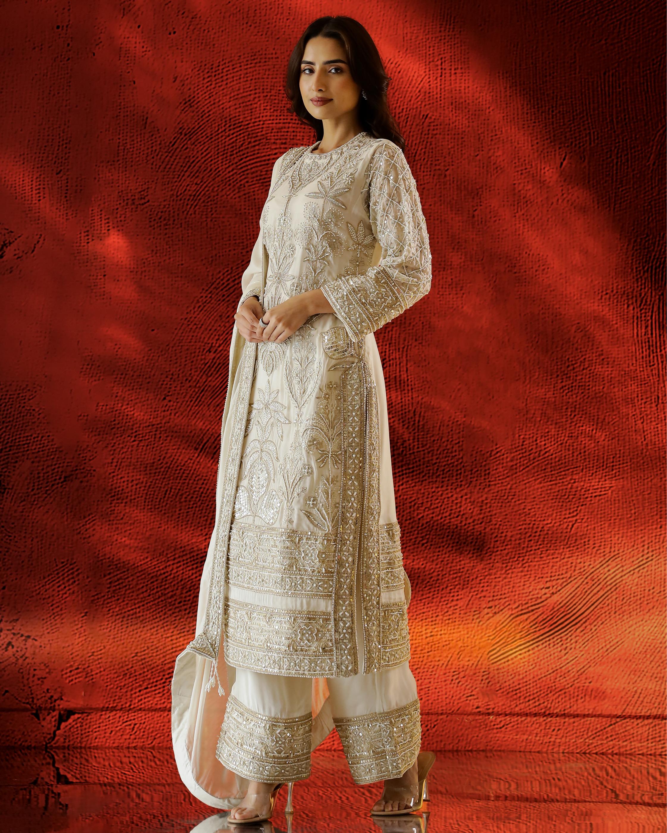 Ivory Embellished Organza Net Silk Kurta Set - Image 4