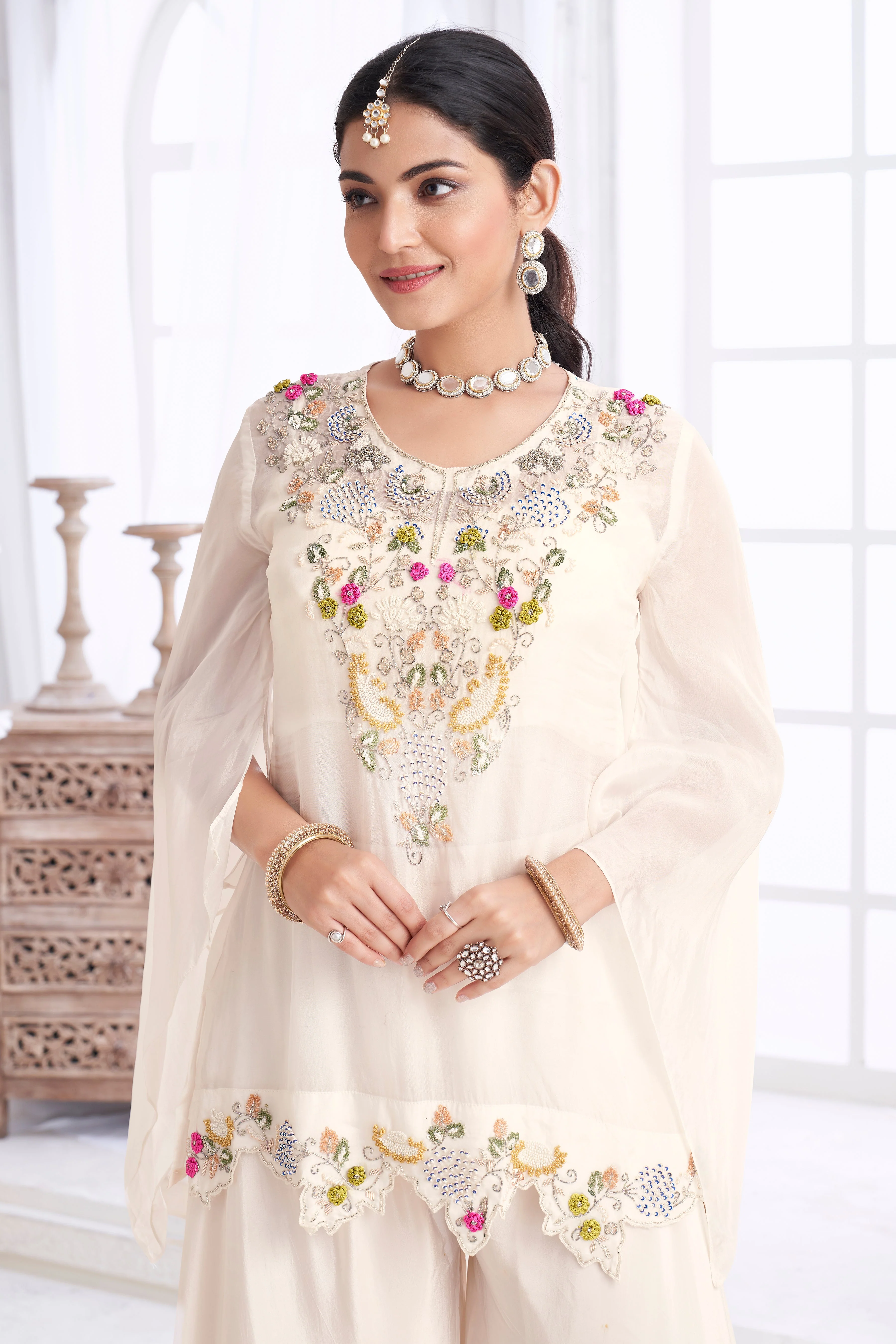 Ivory Embellished Organza Silk Palazzo Set - Image 2