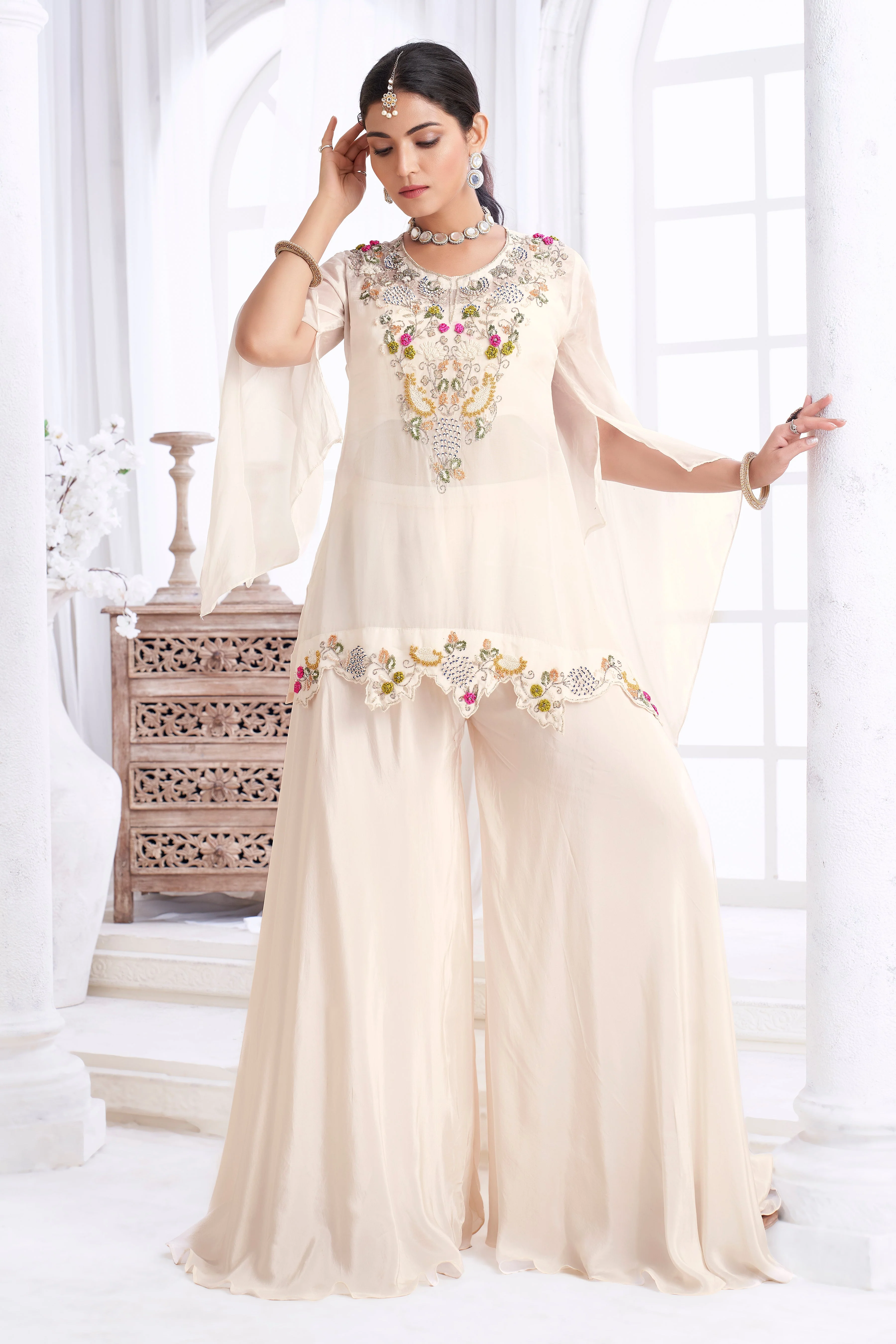 Ivory Embellished Organza Silk Palazzo Set - Image 3