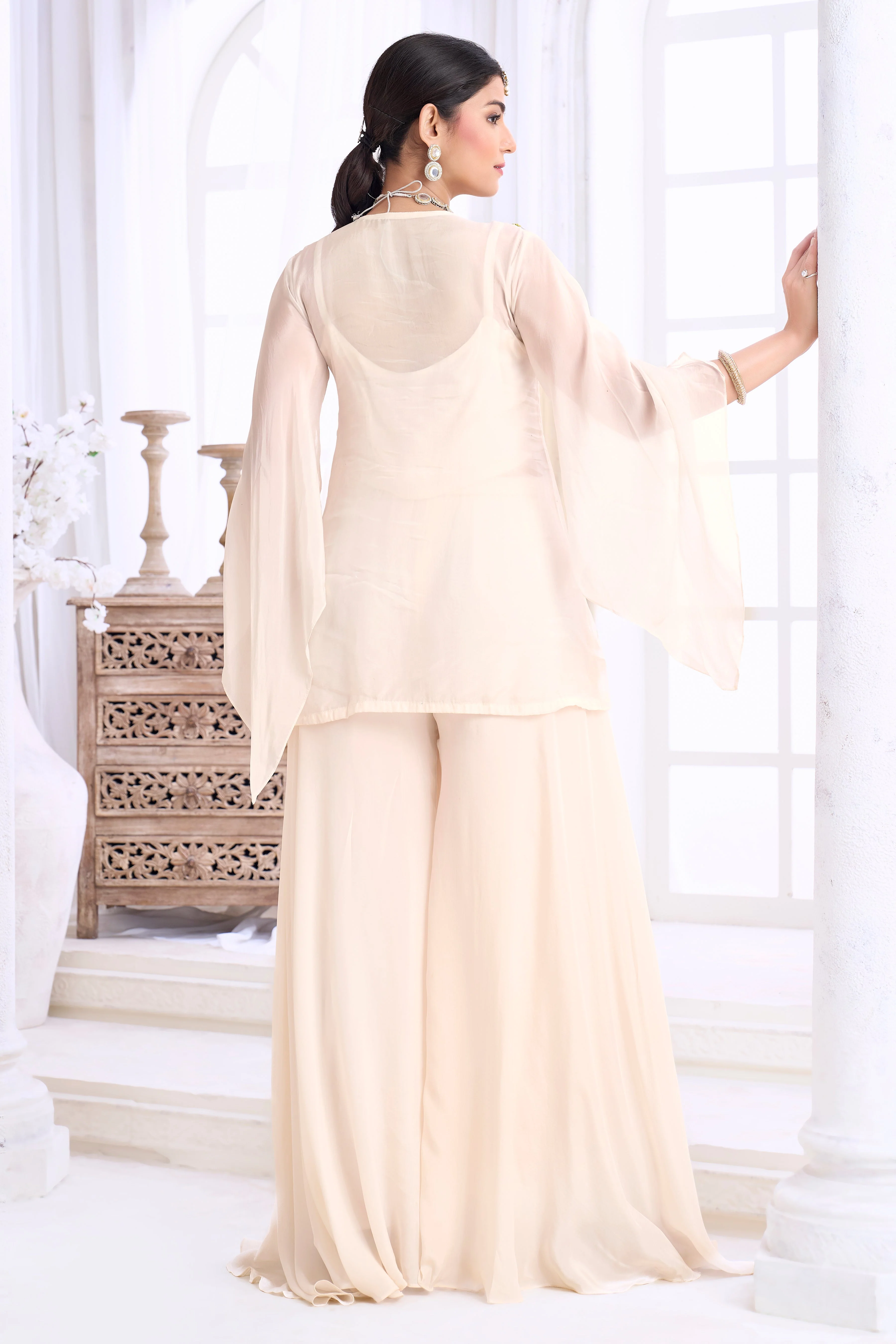 Ivory Embellished Organza Silk Palazzo Set - Image 4