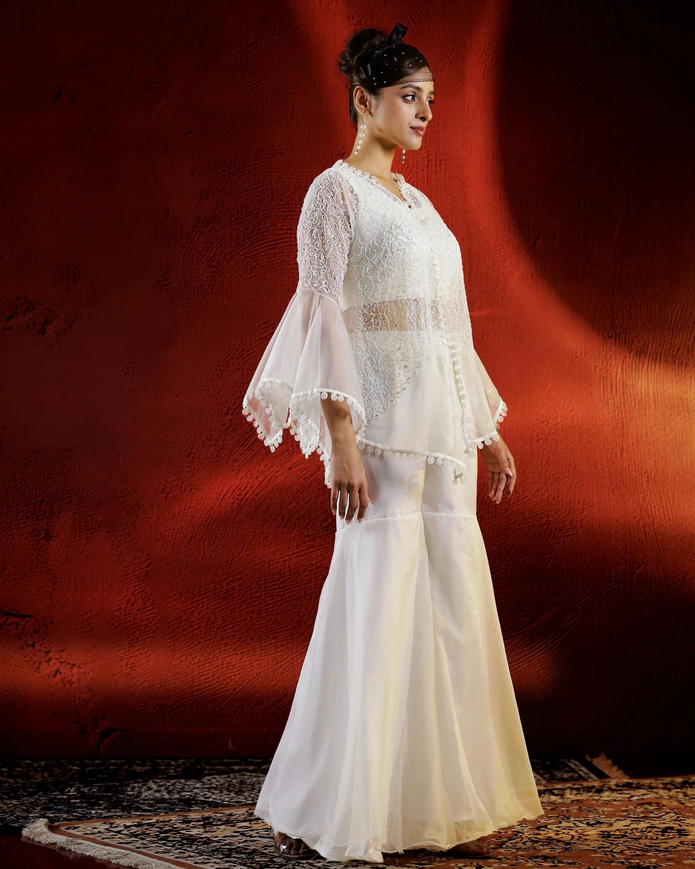 Ivory Embellished Organza Silk Sharara Set - Image 3