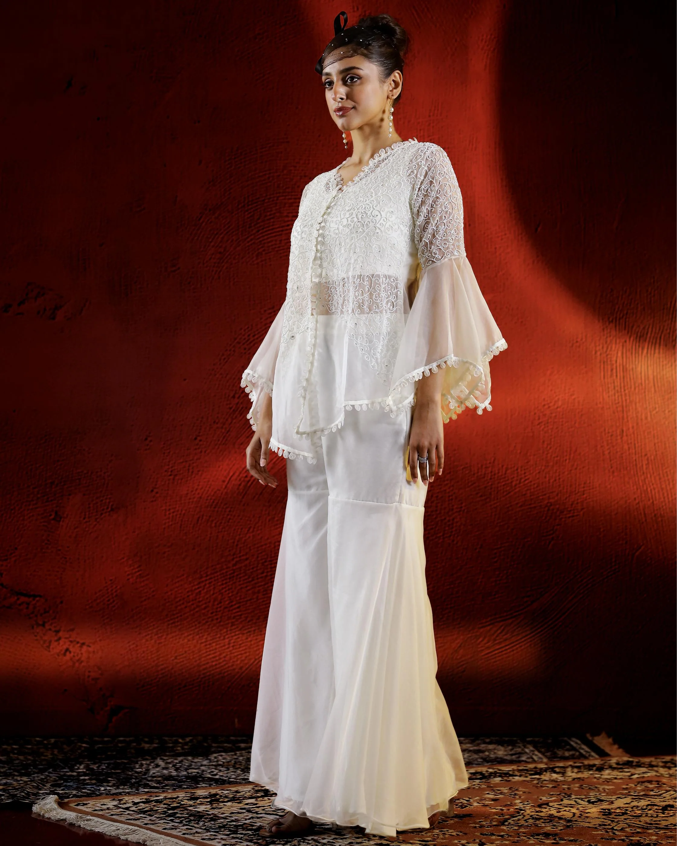 Ivory Embellished Organza Silk Sharara Set - Image 4