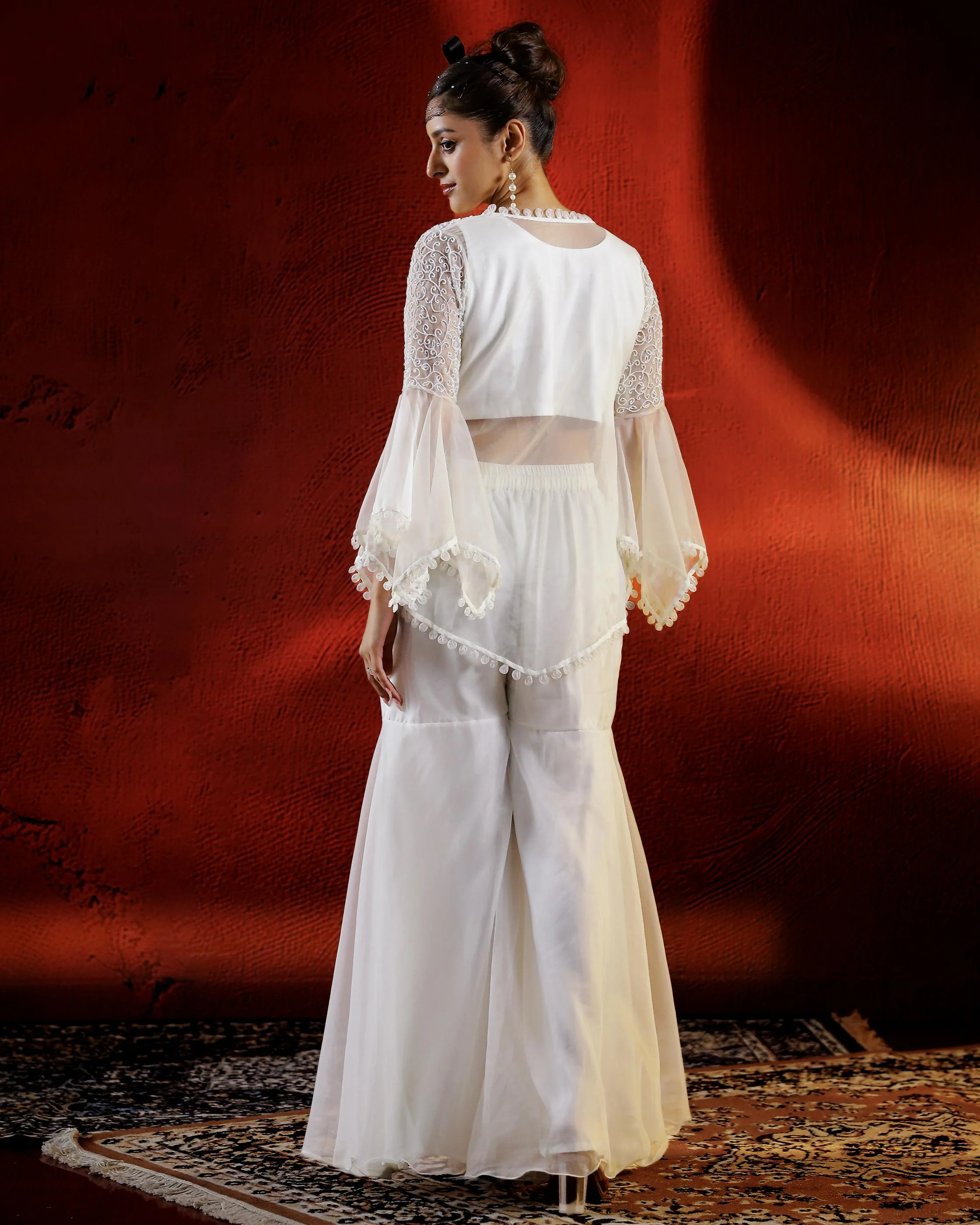 Ivory Embellished Organza Silk Sharara Set - Image 5
