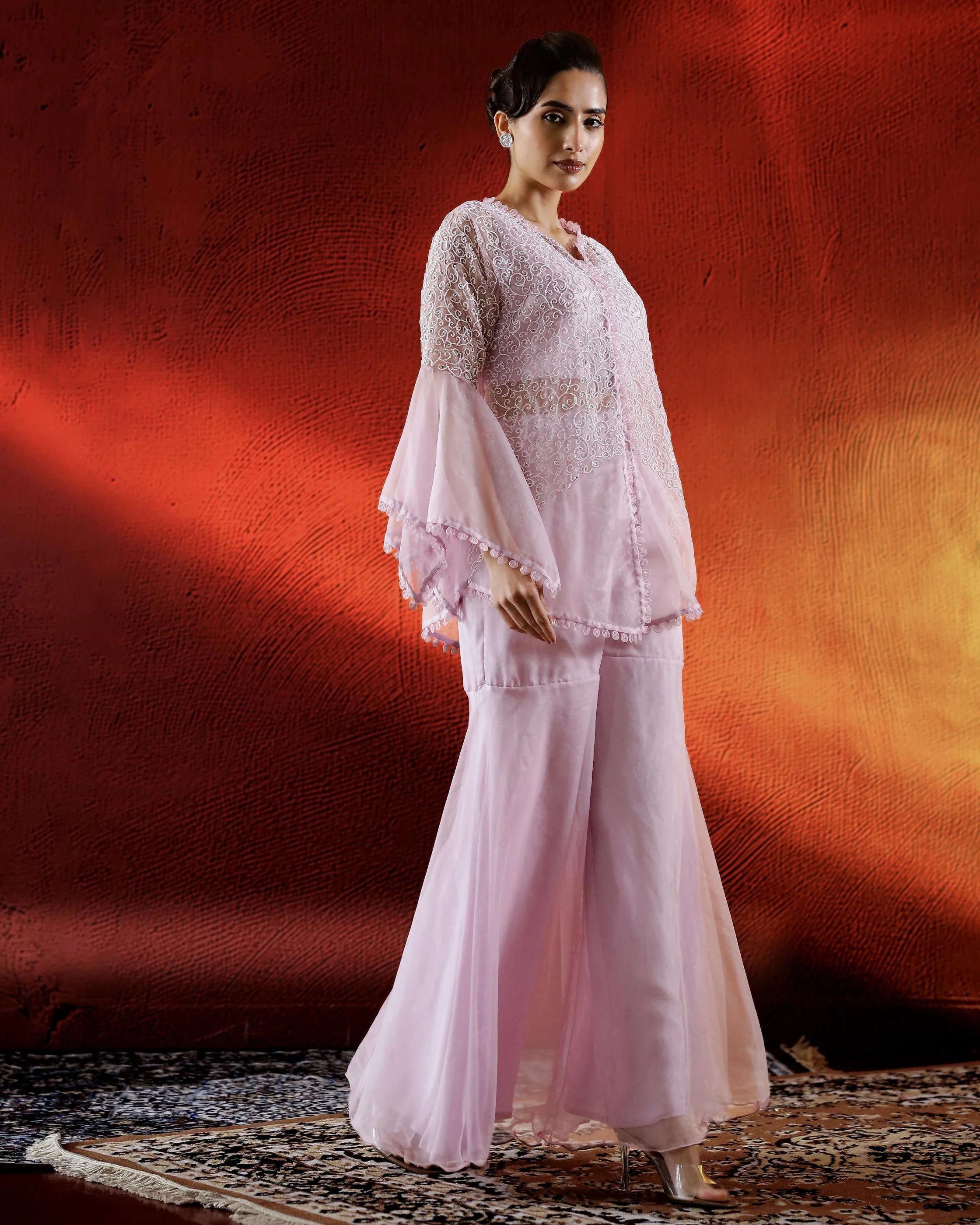 Pink Blush Embellished Organza Silk Sharara Set - Image 3