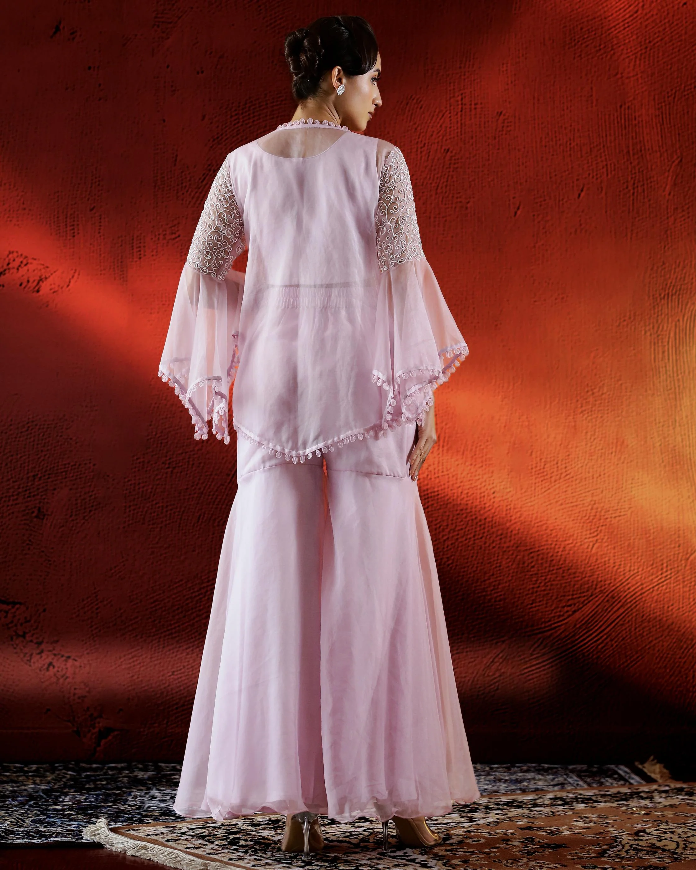 Pink Blush Embellished Organza Silk Sharara Set - Image 5