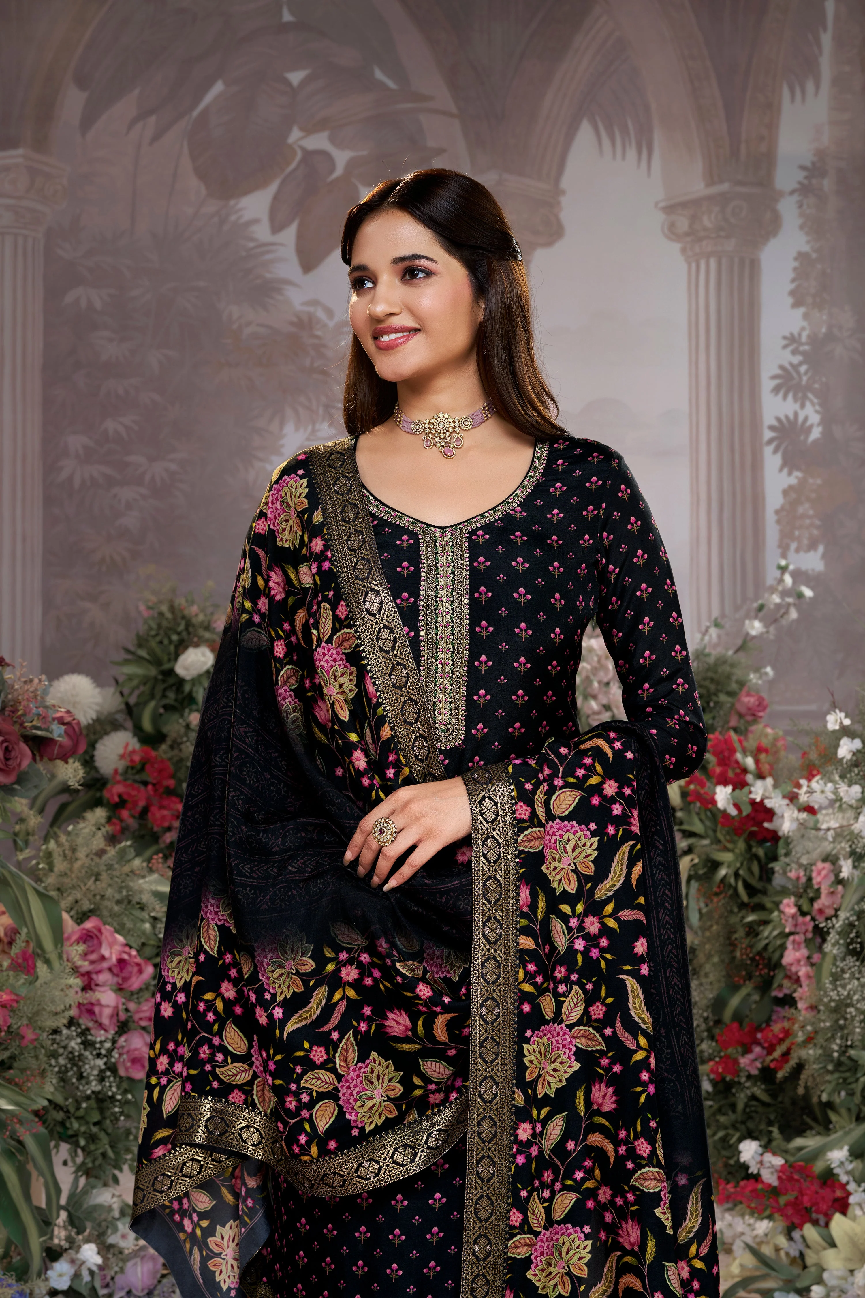Classic Black Printed Premium Silk Pant Set - Image 2