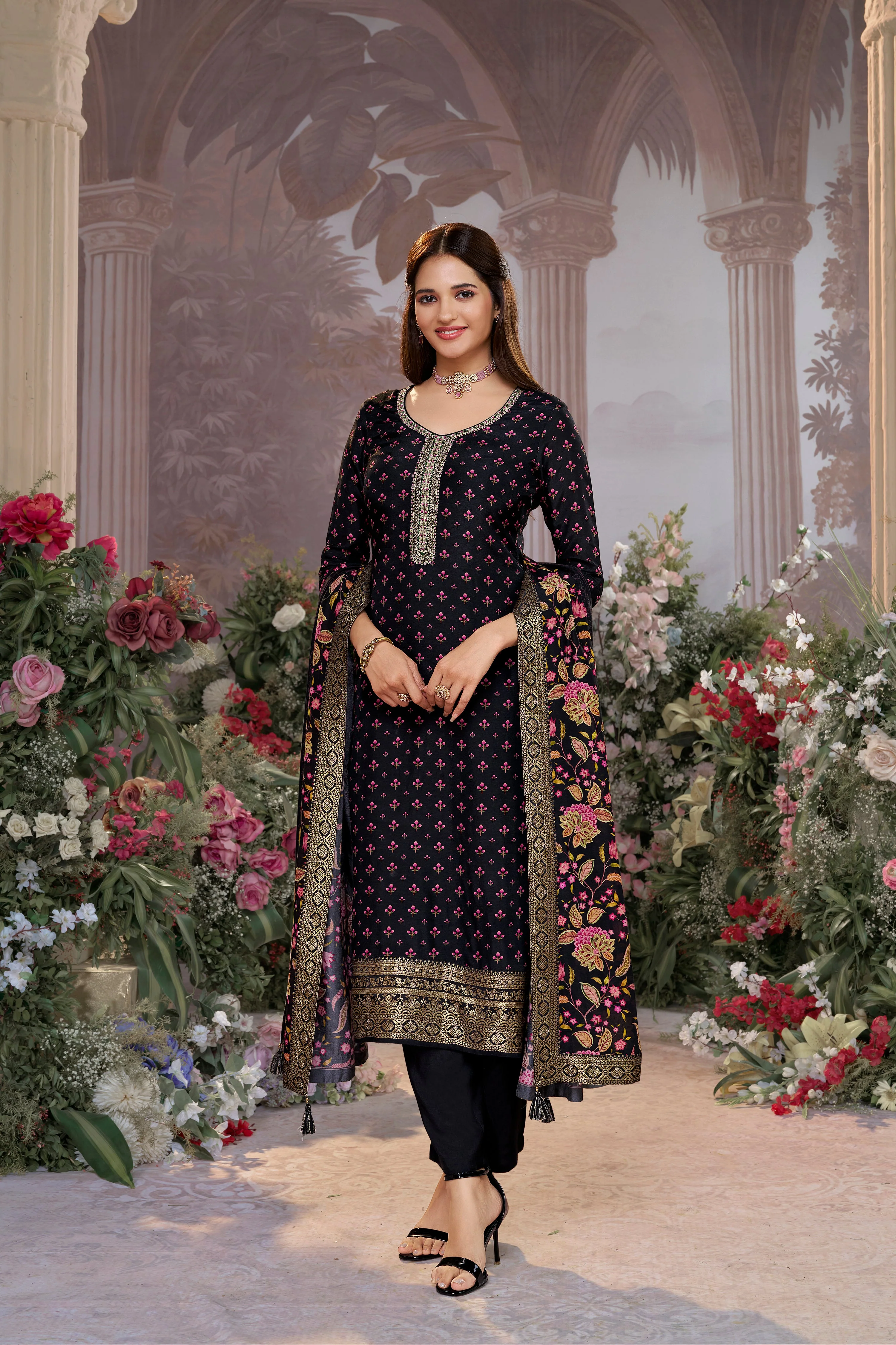 Classic Black Printed Premium Silk Pant Set - Image 3