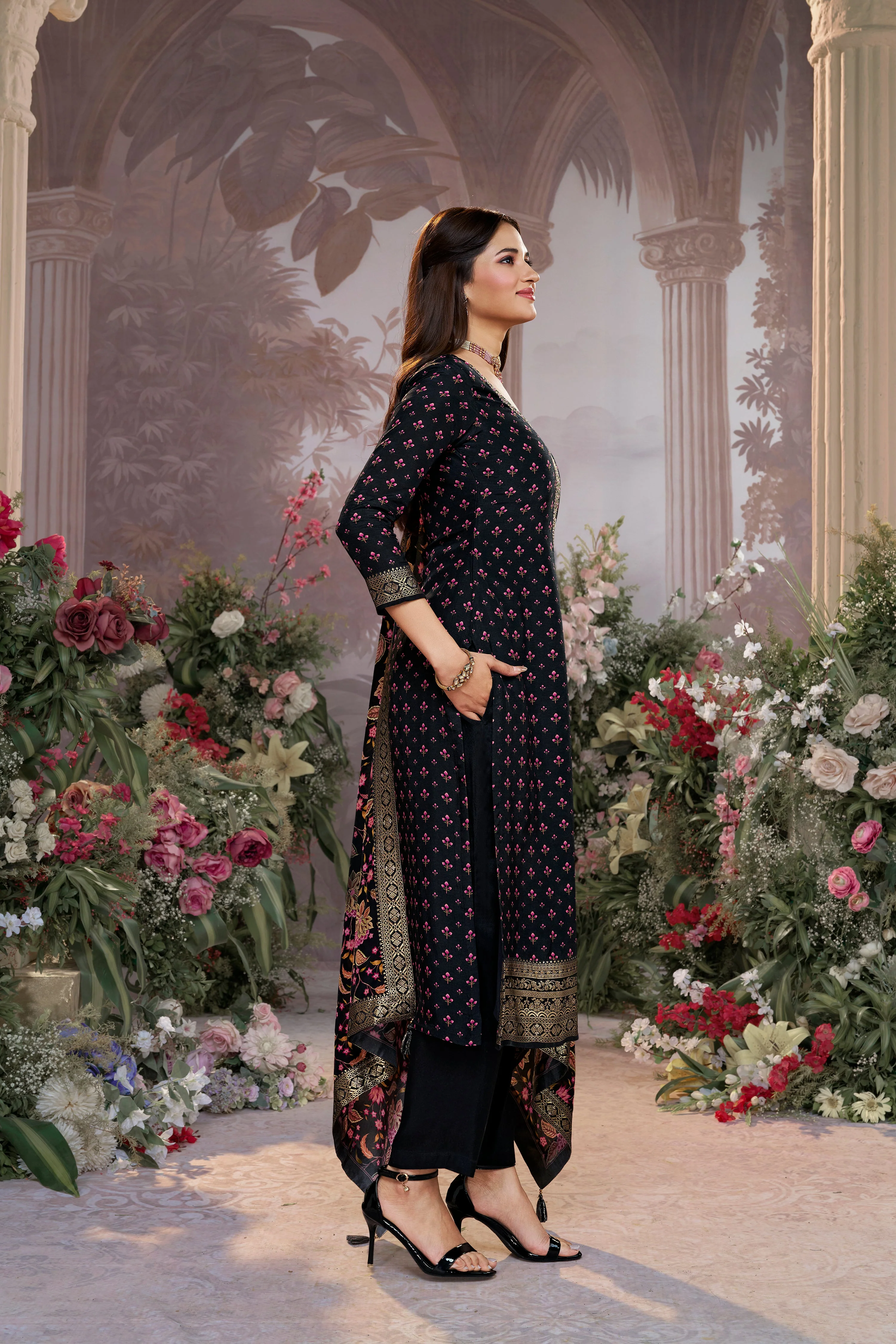 Classic Black Printed Premium Silk Pant Set - Image 4