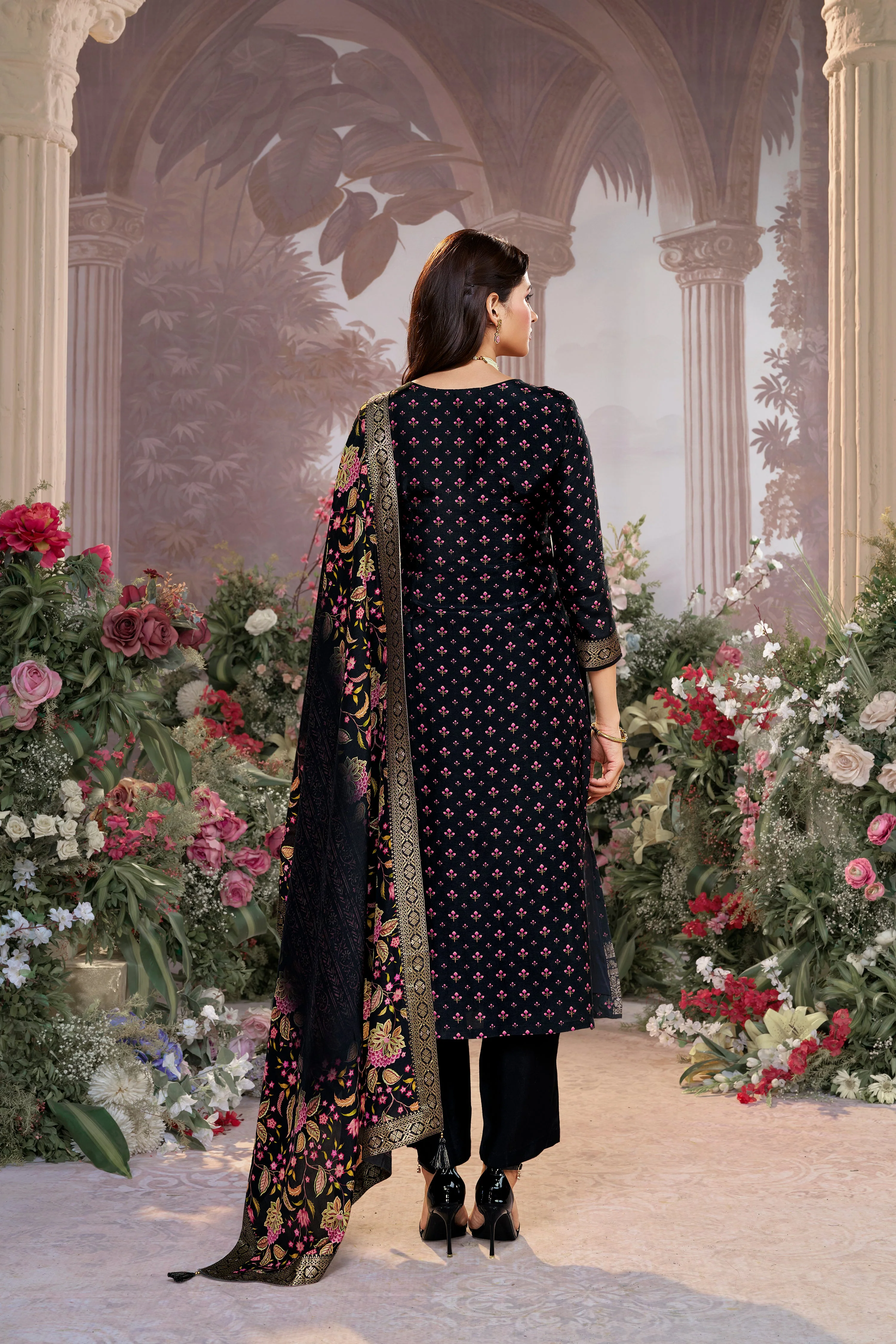 Classic Black Printed Premium Silk Pant Set - Image 5