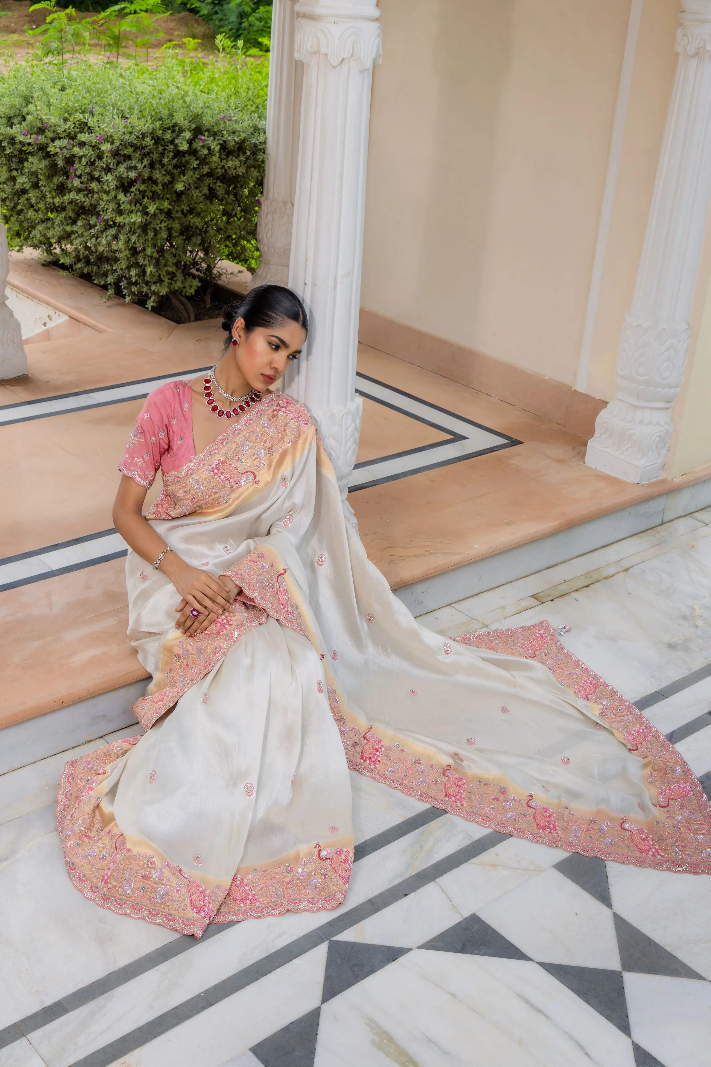 Ivory Embroidered Banarasi Silk Saree - Image 3