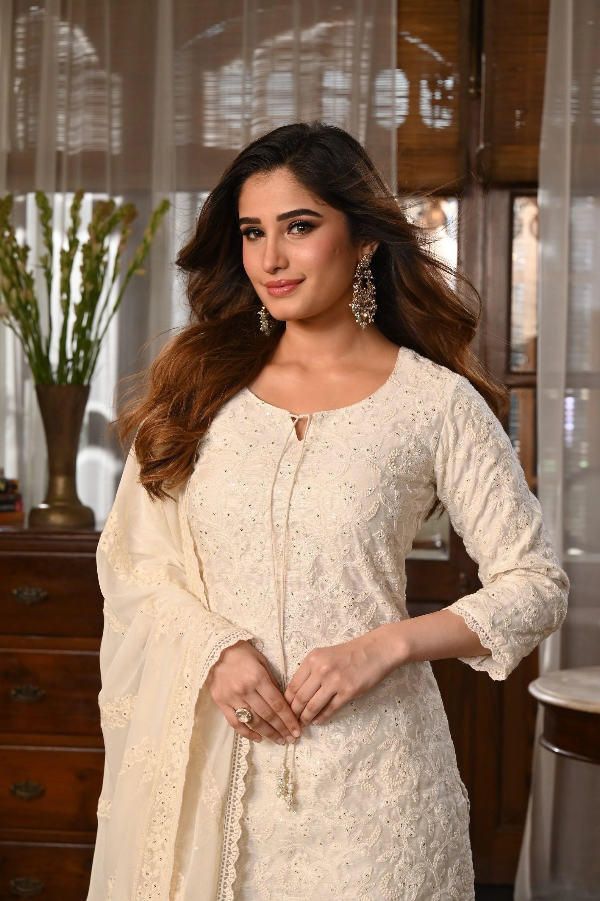 Ivory Embroidered Chanderi Silk Pant Set - Image 3