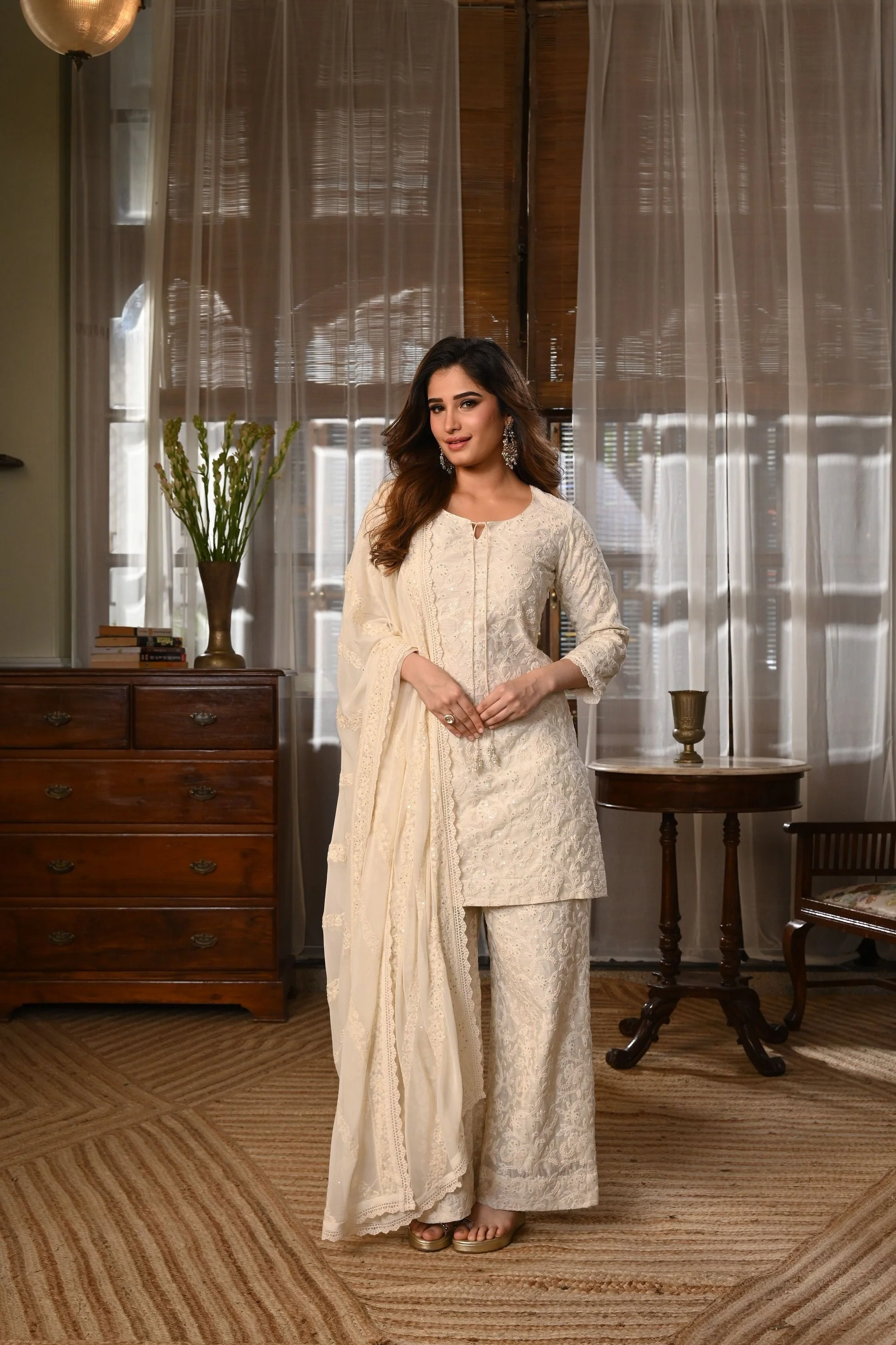 Ivory Embroidered Chanderi Silk Pant Set - Image 4