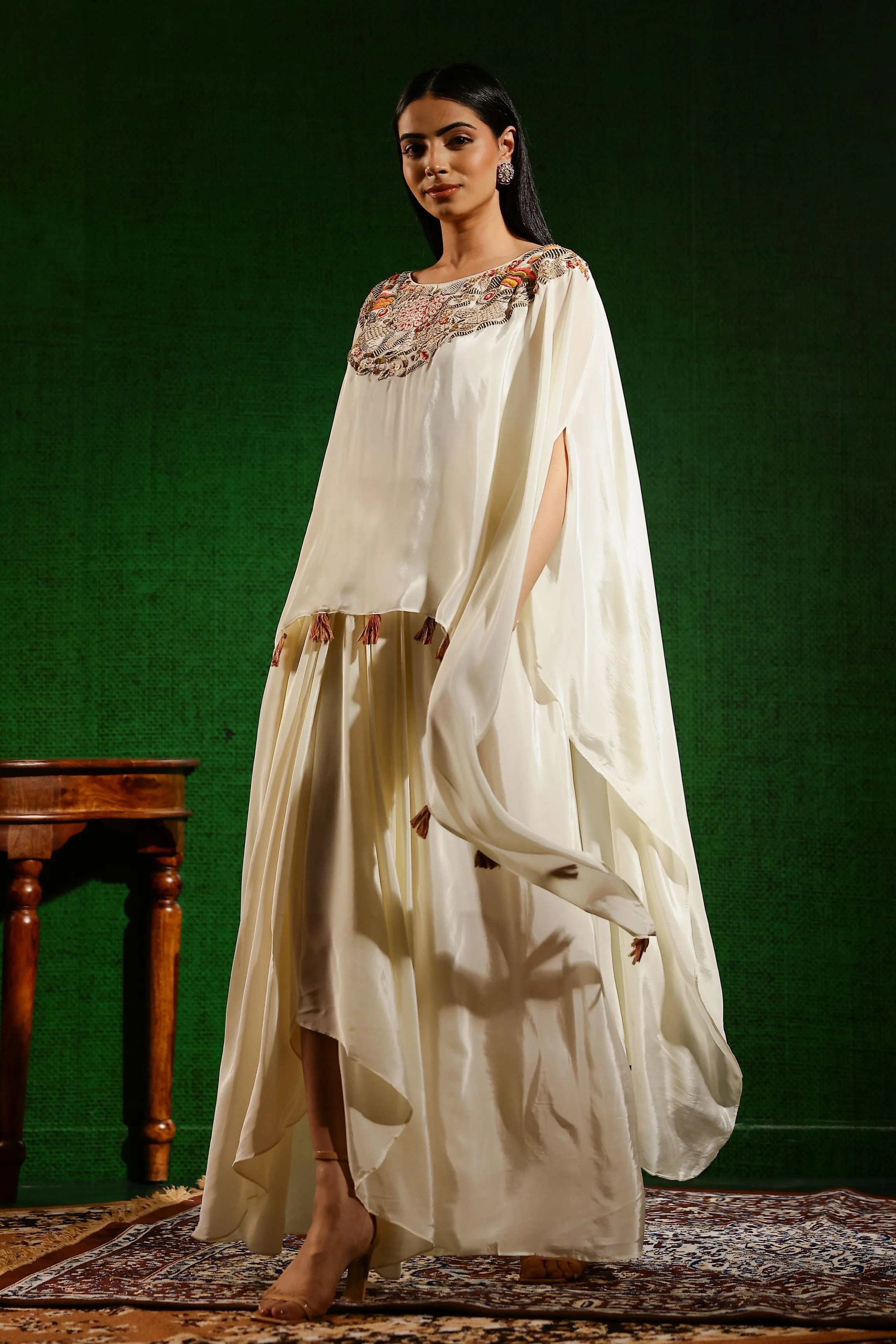 Ivory Embroidered Habutai Silk Skirt Set - Image 4