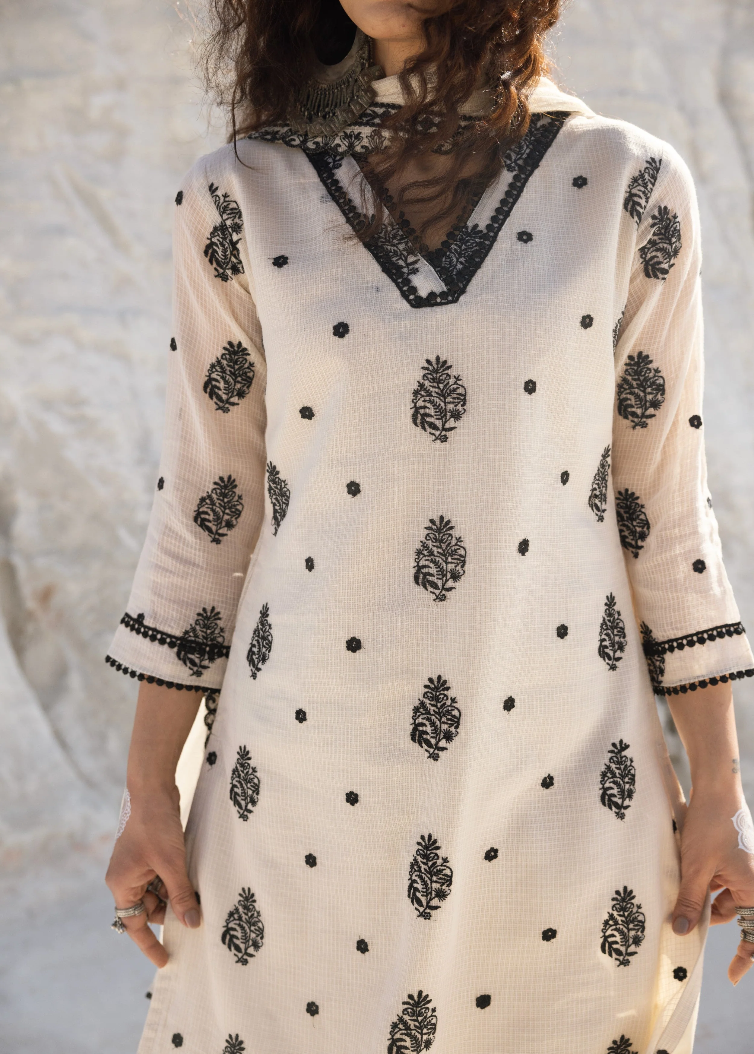 Ivory Embroidered Kota Doria Pant Set - Image 2
