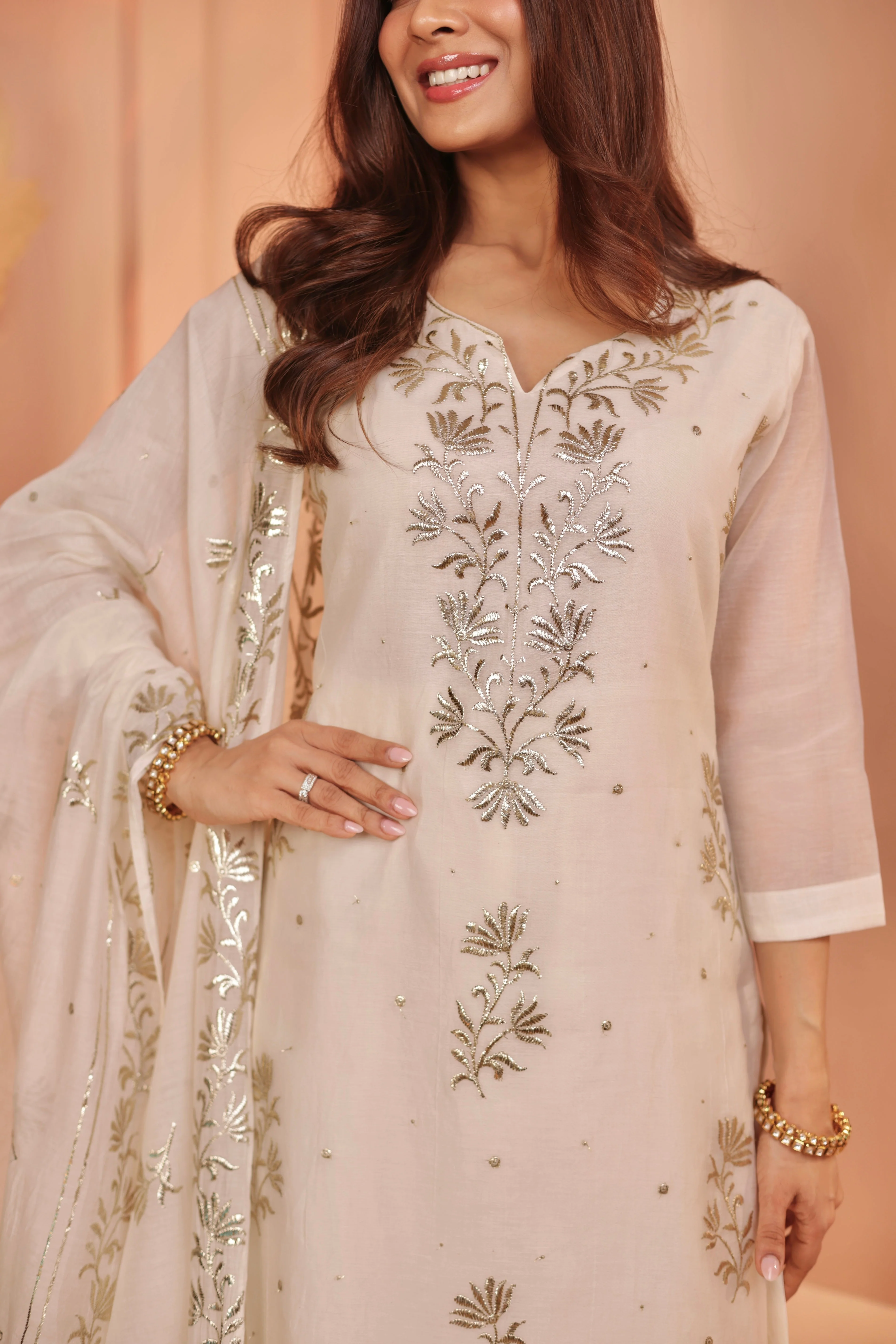 Ivory Embroidered Mul-Chanderi Silk Pant Set - Image 2