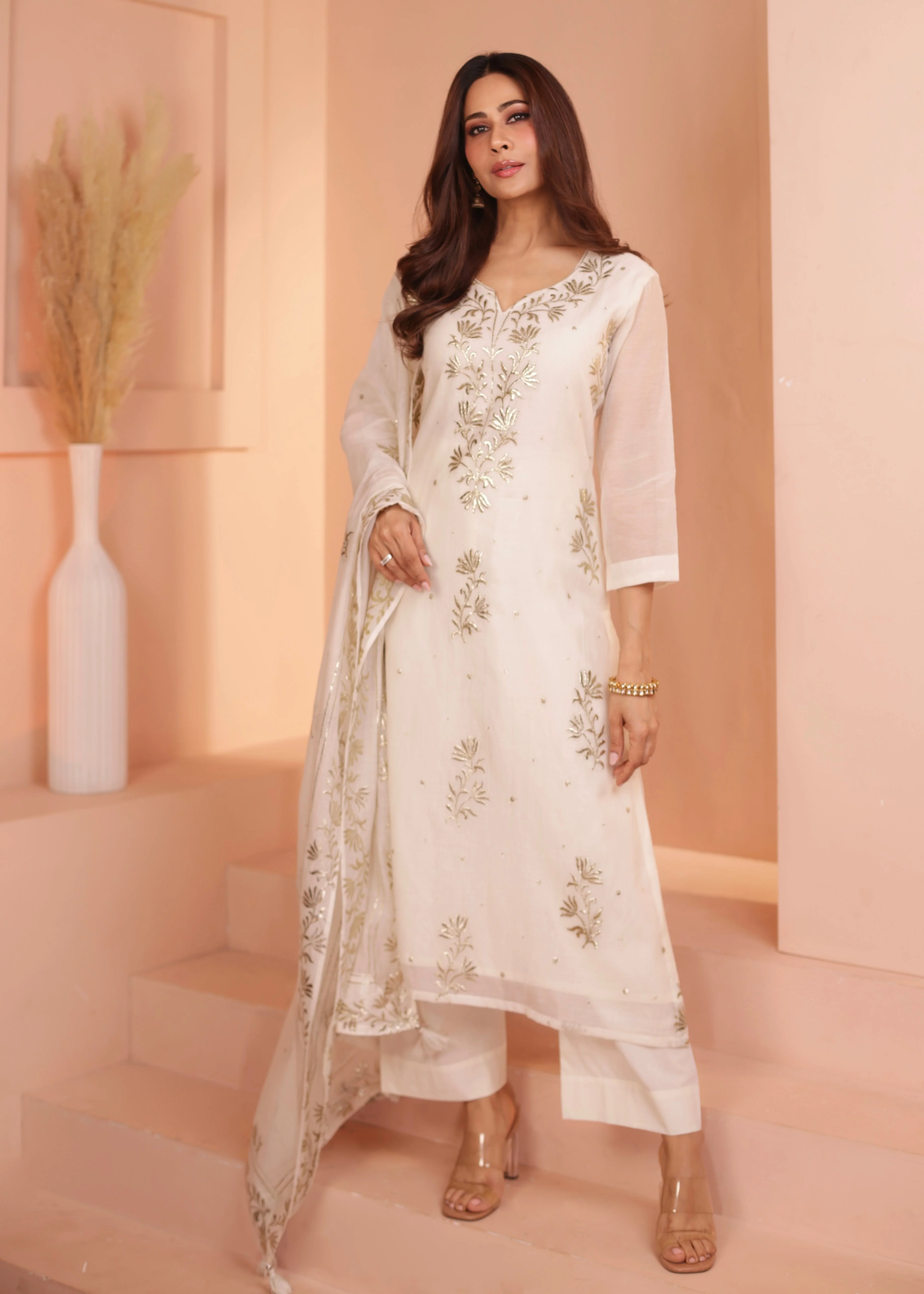 Ivory Embroidered Mul-Chanderi Silk Pant Set - Image 3
