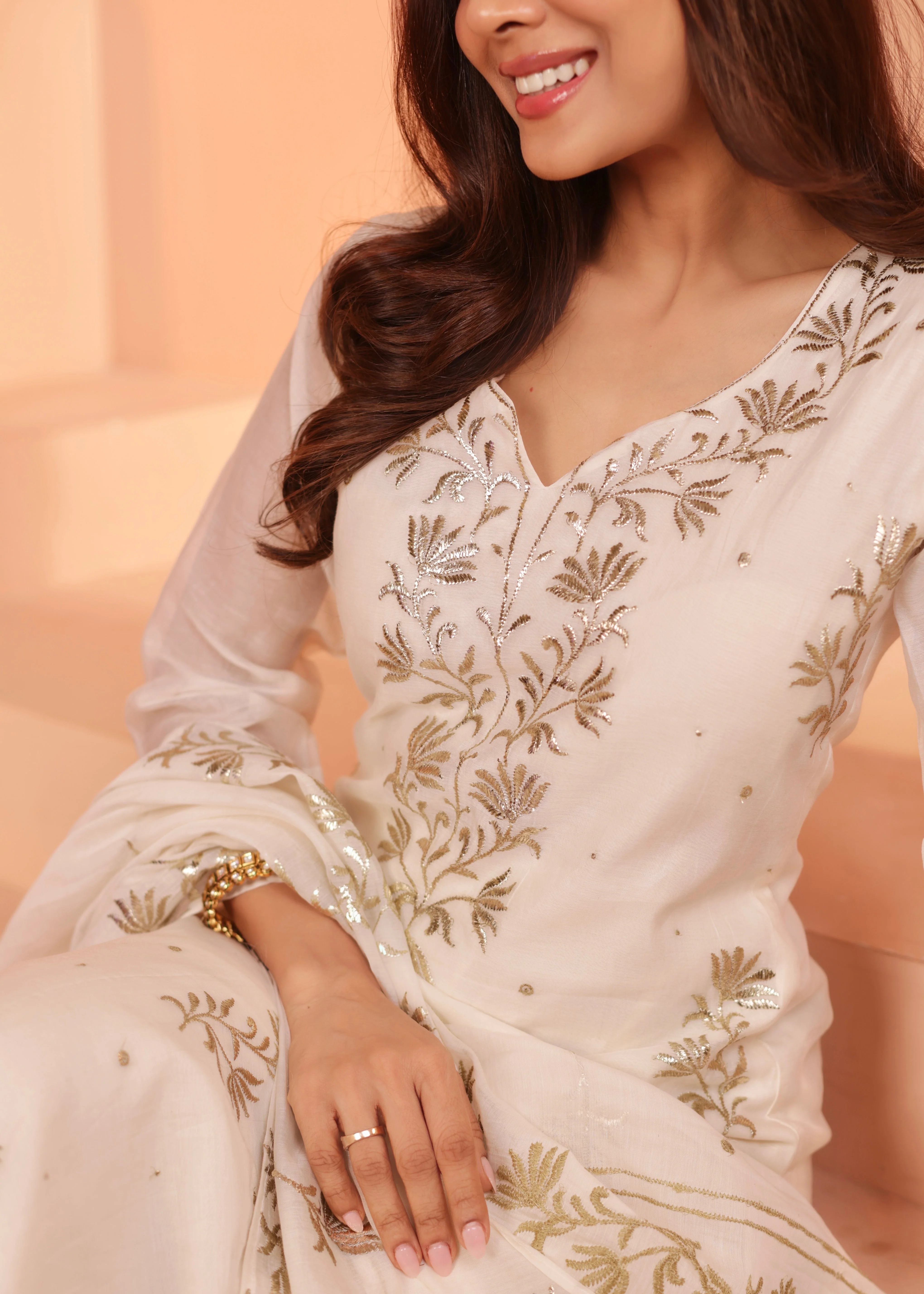 Ivory Embroidered Mul-Chanderi Silk Pant Set - Image 4