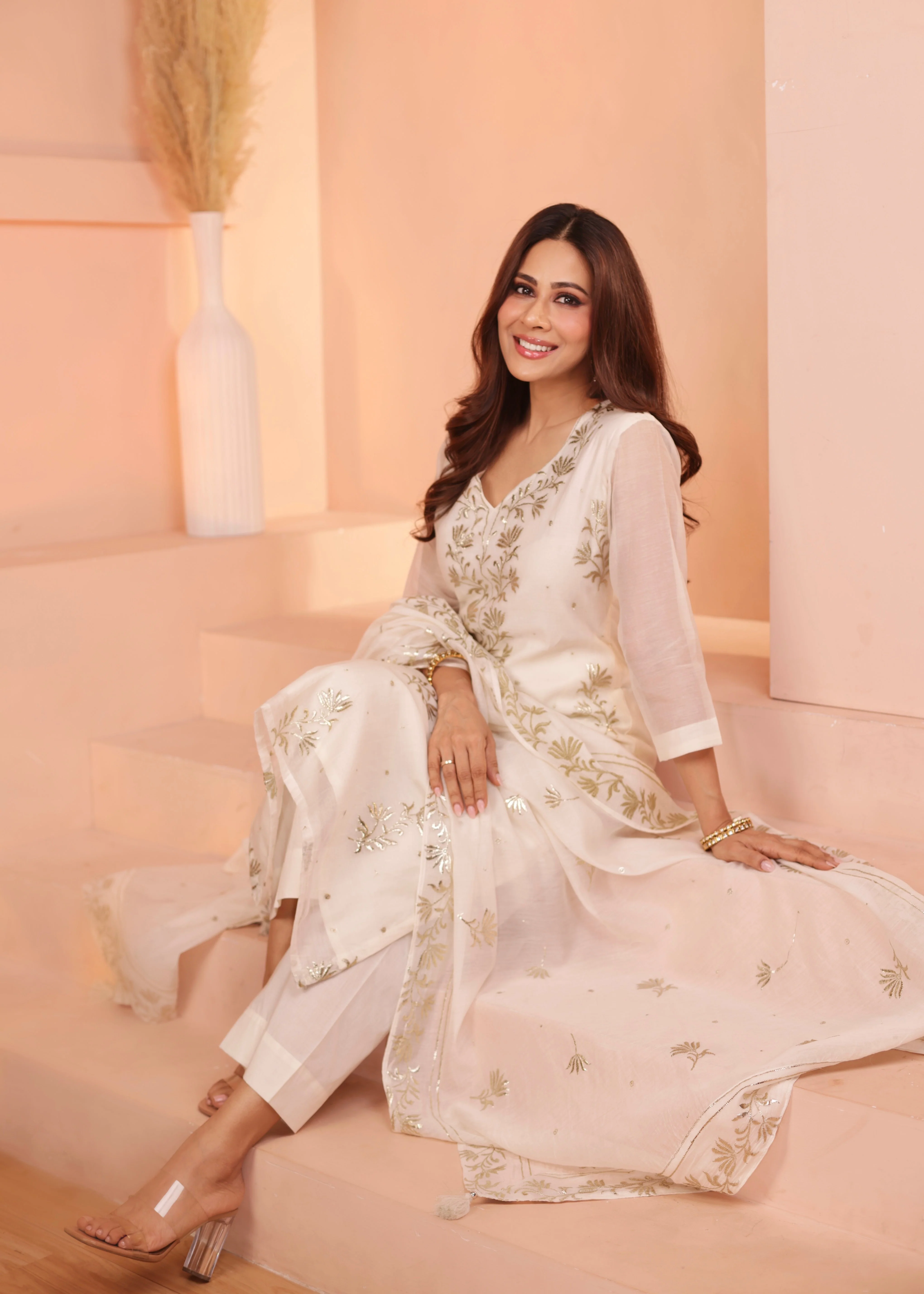 Ivory Embroidered Mul-Chanderi Silk Pant Set - Image 5