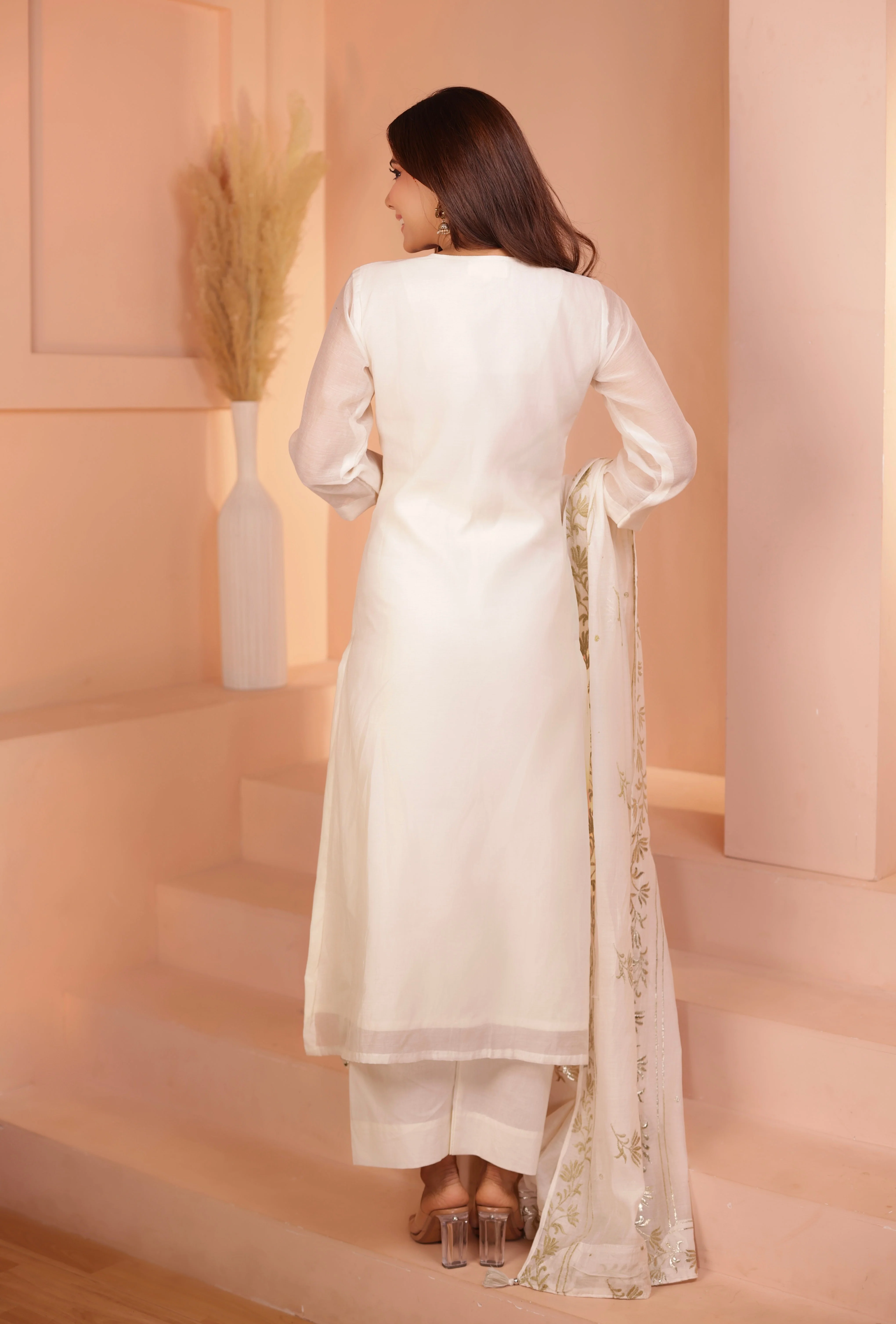 Ivory Embroidered Mul-Chanderi Silk Pant Set - Image 6