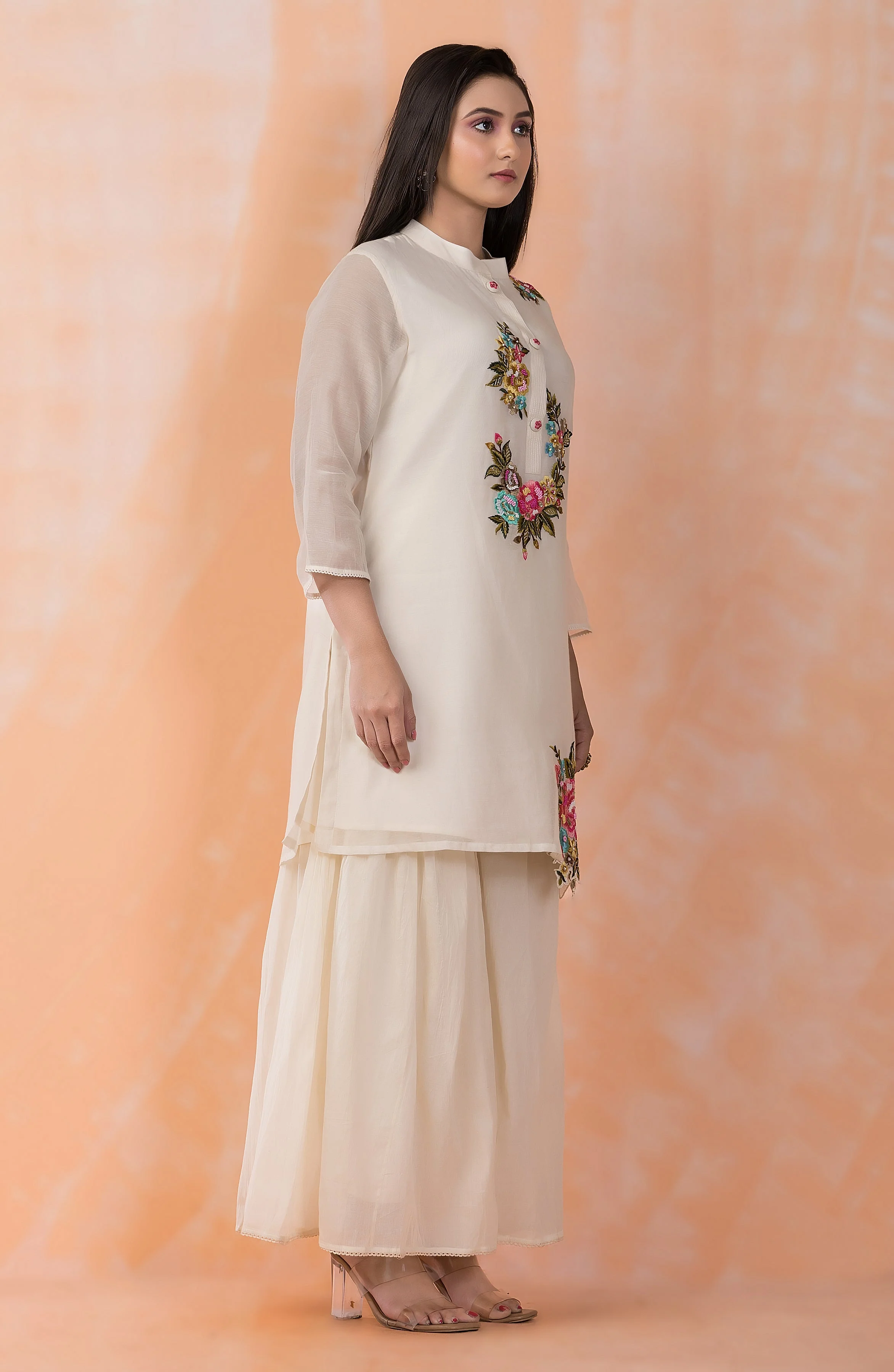 Ivory Flora Embroidered Mul Chanderi Silk Palazzo Set - Image 2