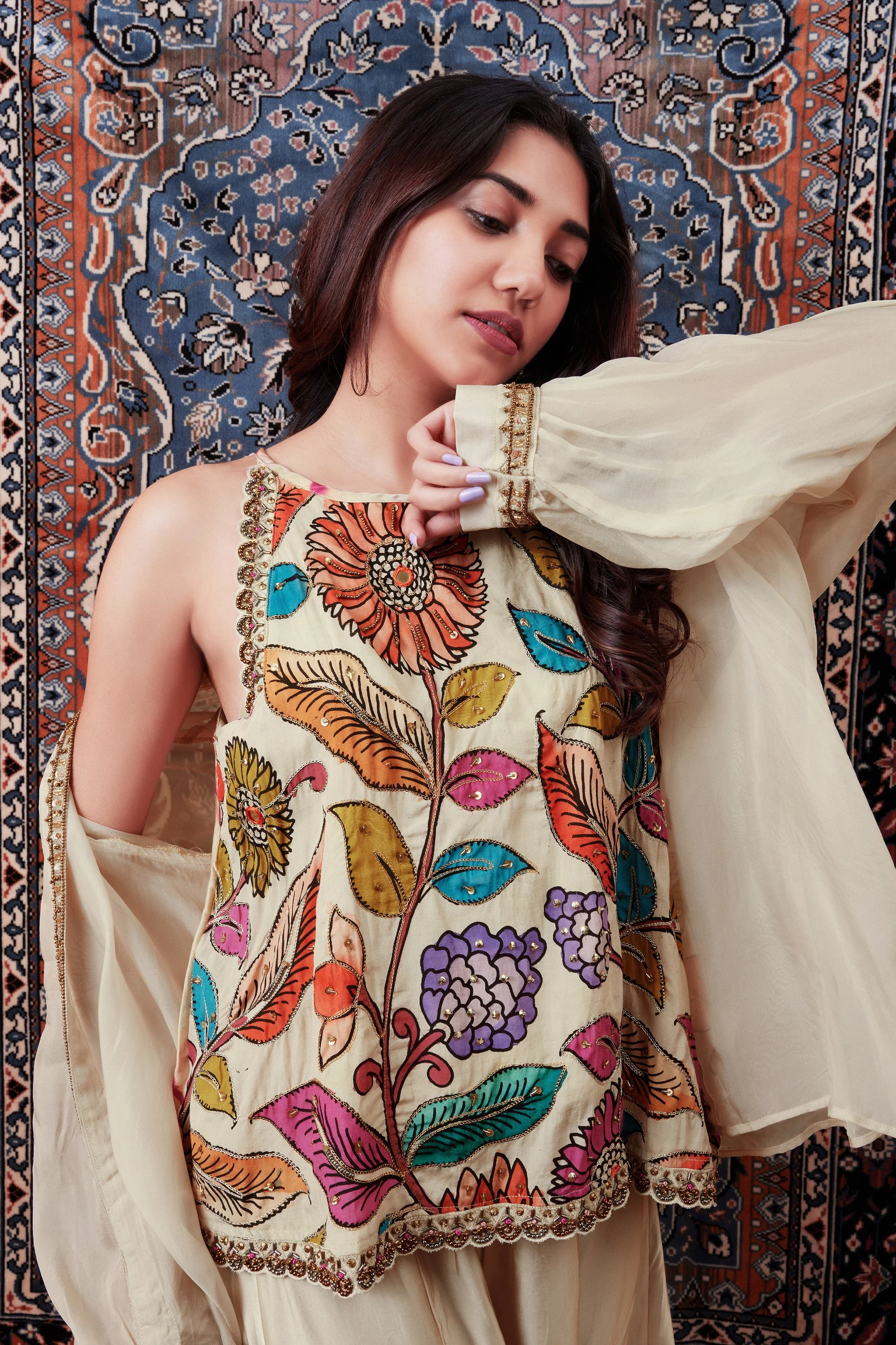 Ivory Floral Embroidered Kalamkari Jacket Set - Image 2