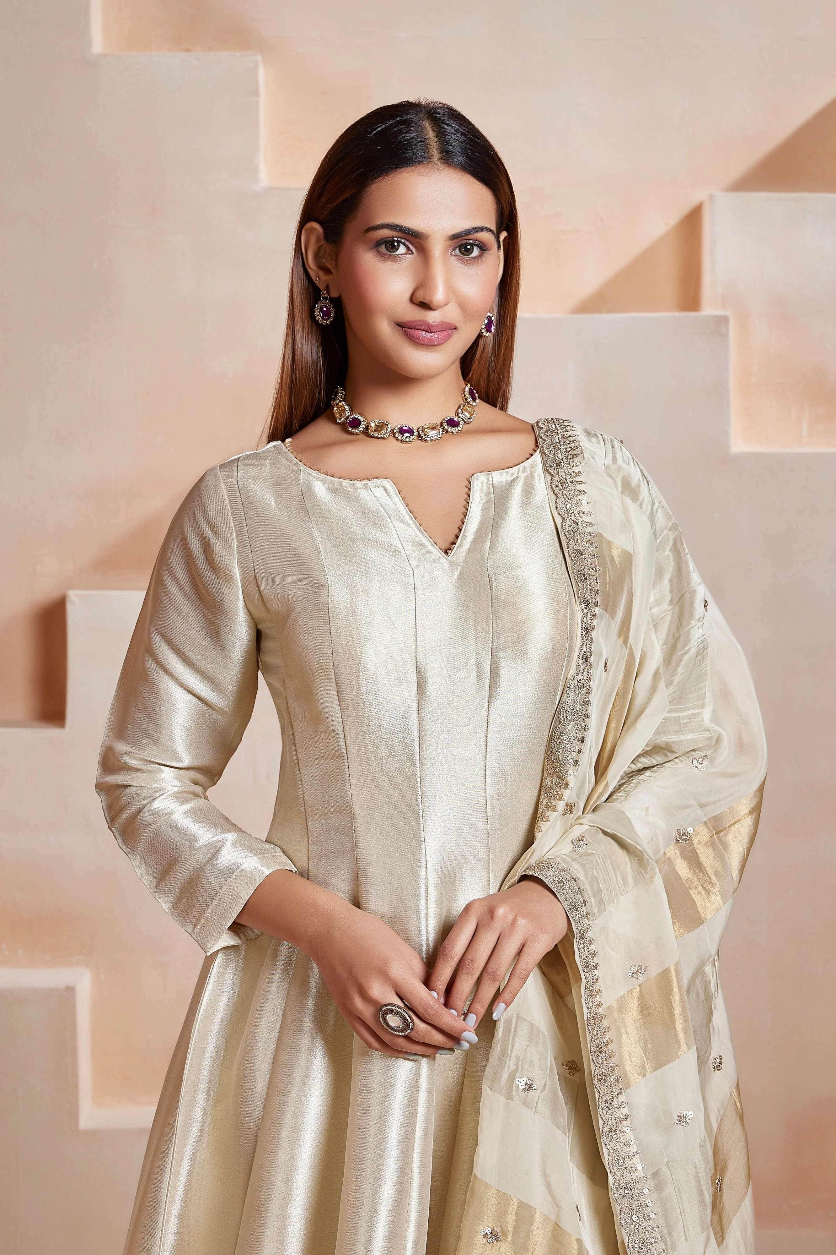 Ivory Glow Embellished Tissue Silk Anarkali Set - Image 2