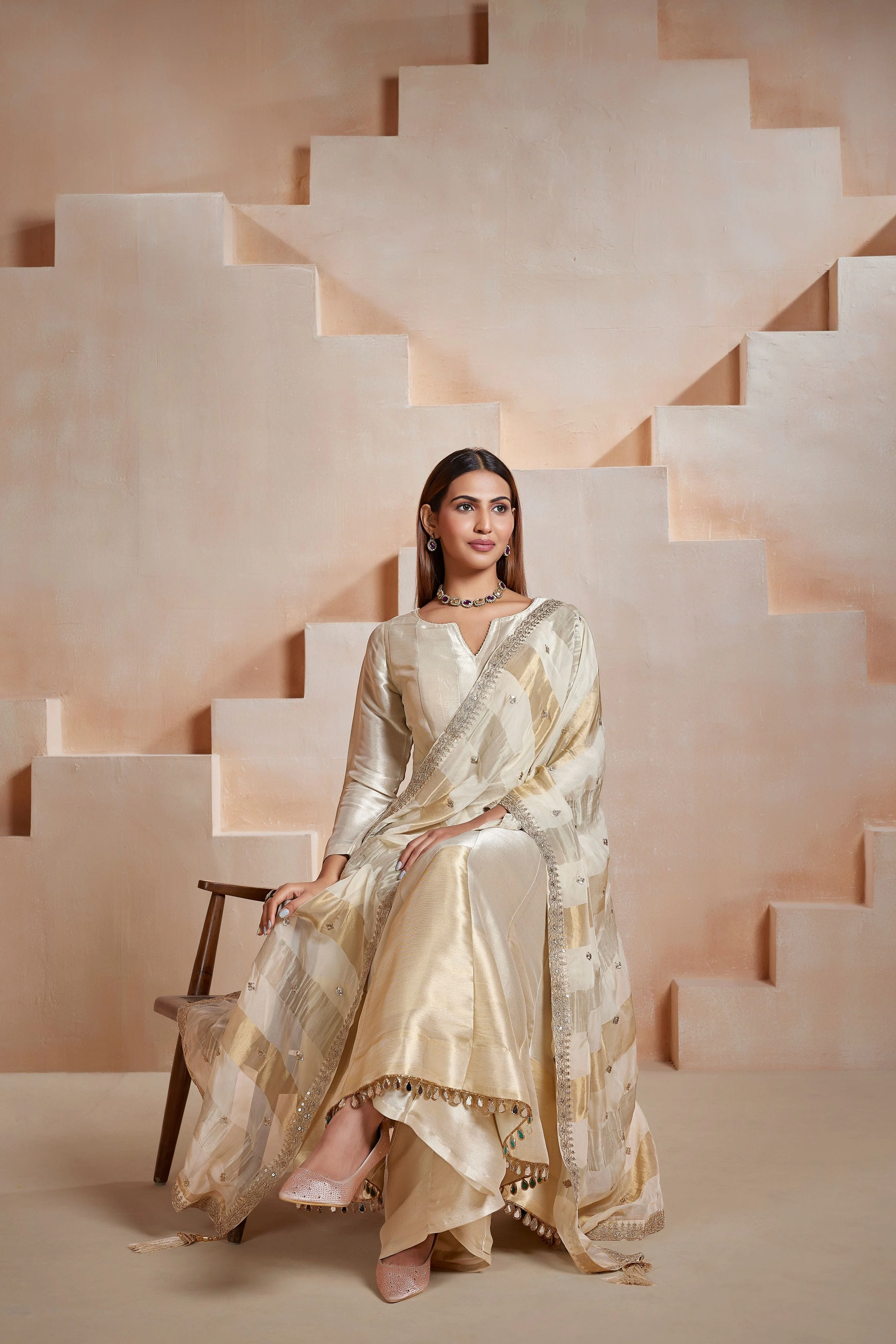 Ivory Glow Embellished Tissue Silk Anarkali Set - Image 3