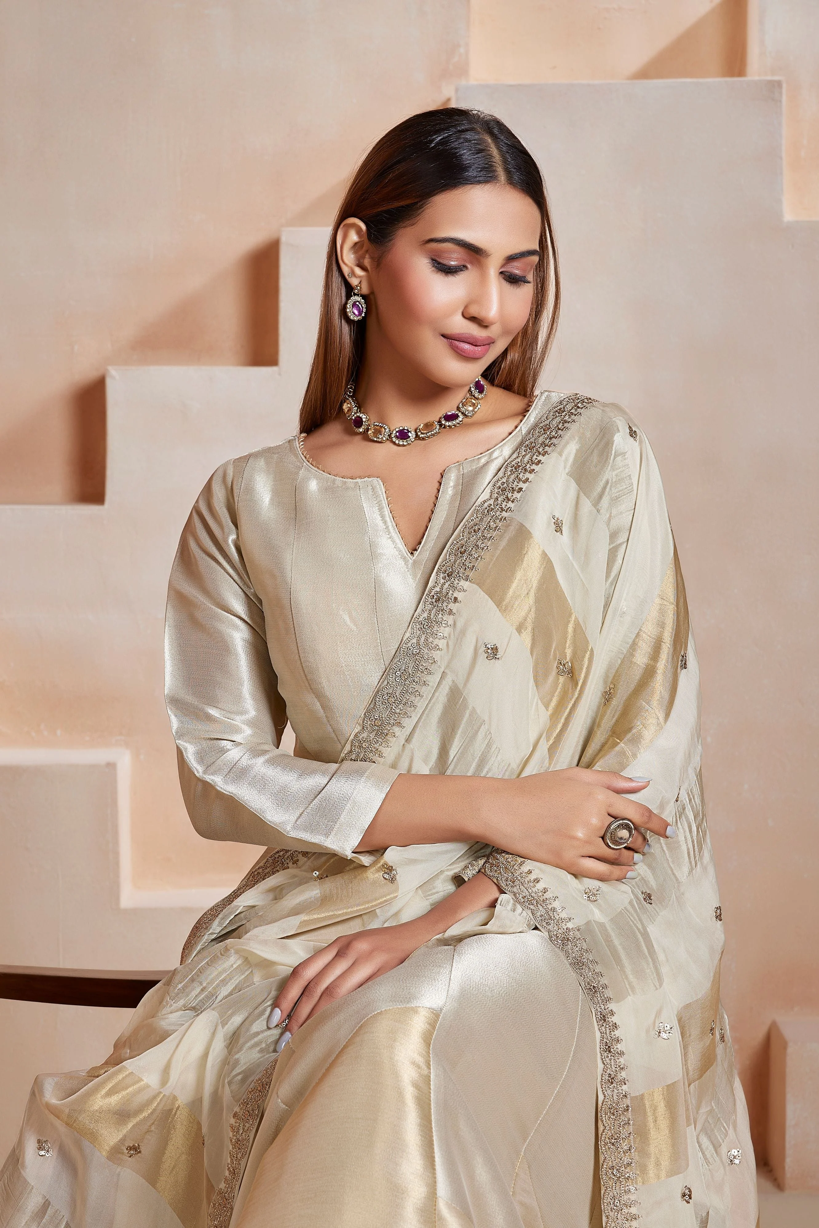Ivory Glow Embellished Tissue Silk Anarkali Set - Image 4