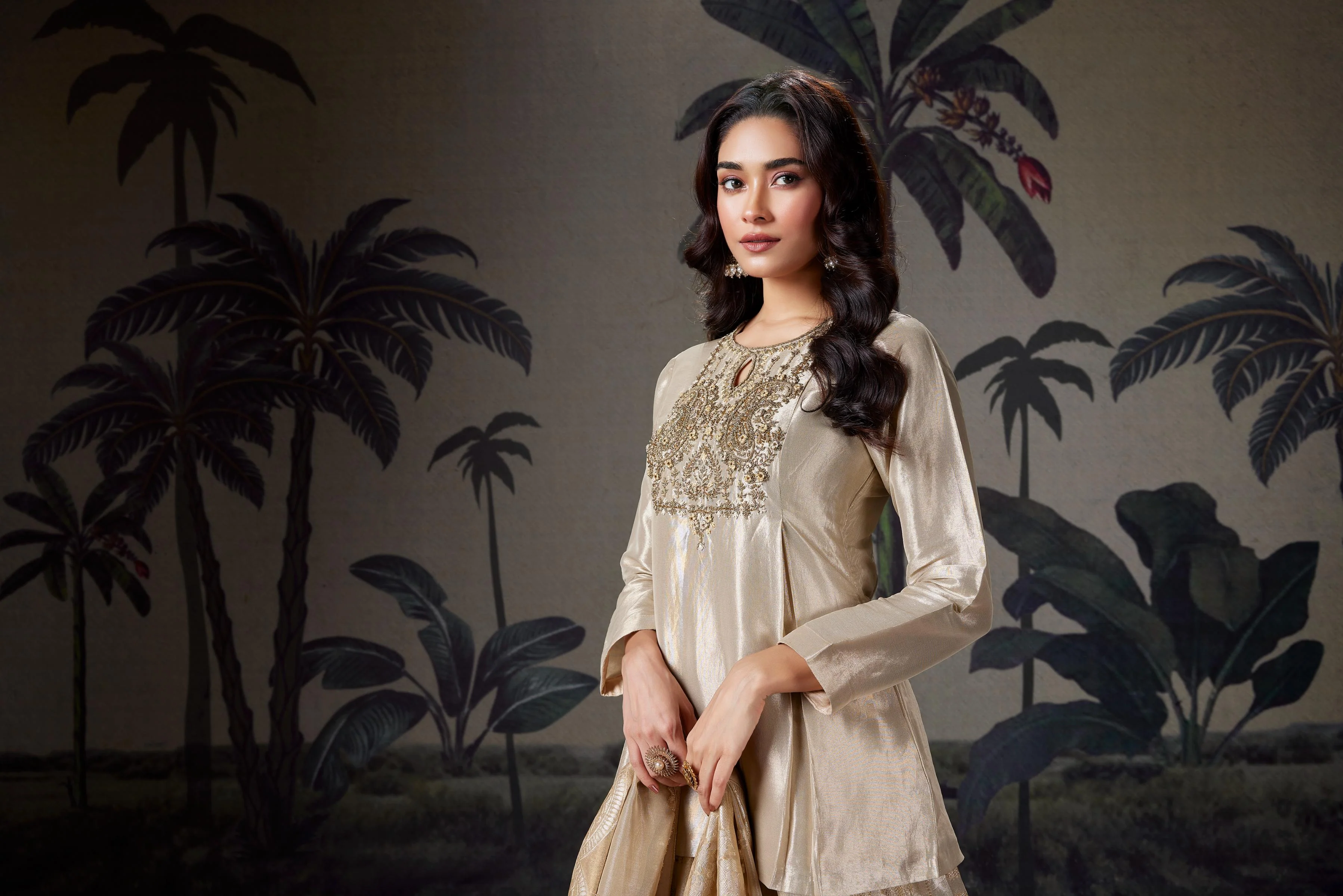 Beige Gold Embellished Shimmer Tissue Silk Lehenga Set - Image 2