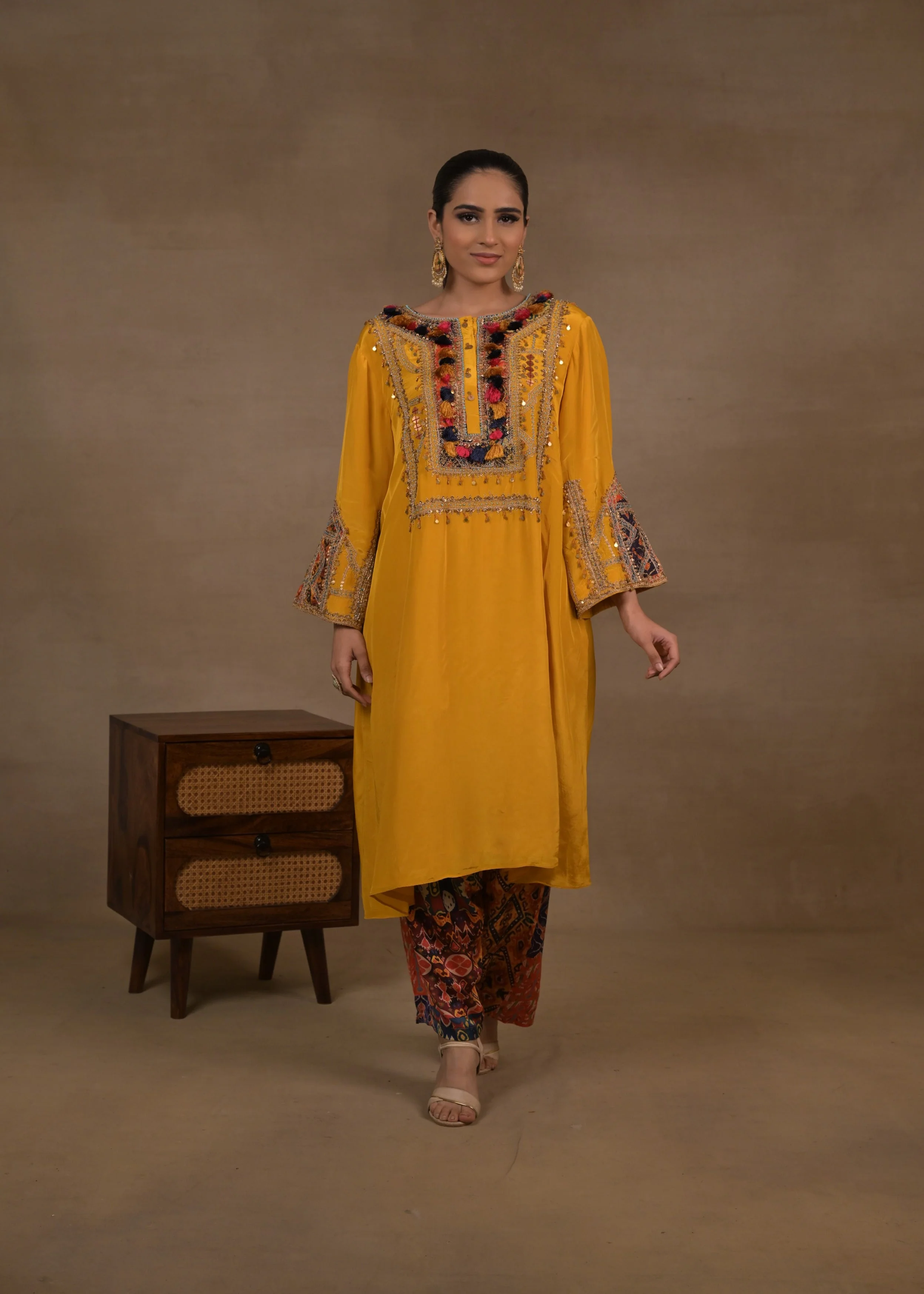 Mustard Heritage Embellished Crepe Silk Kurta Set