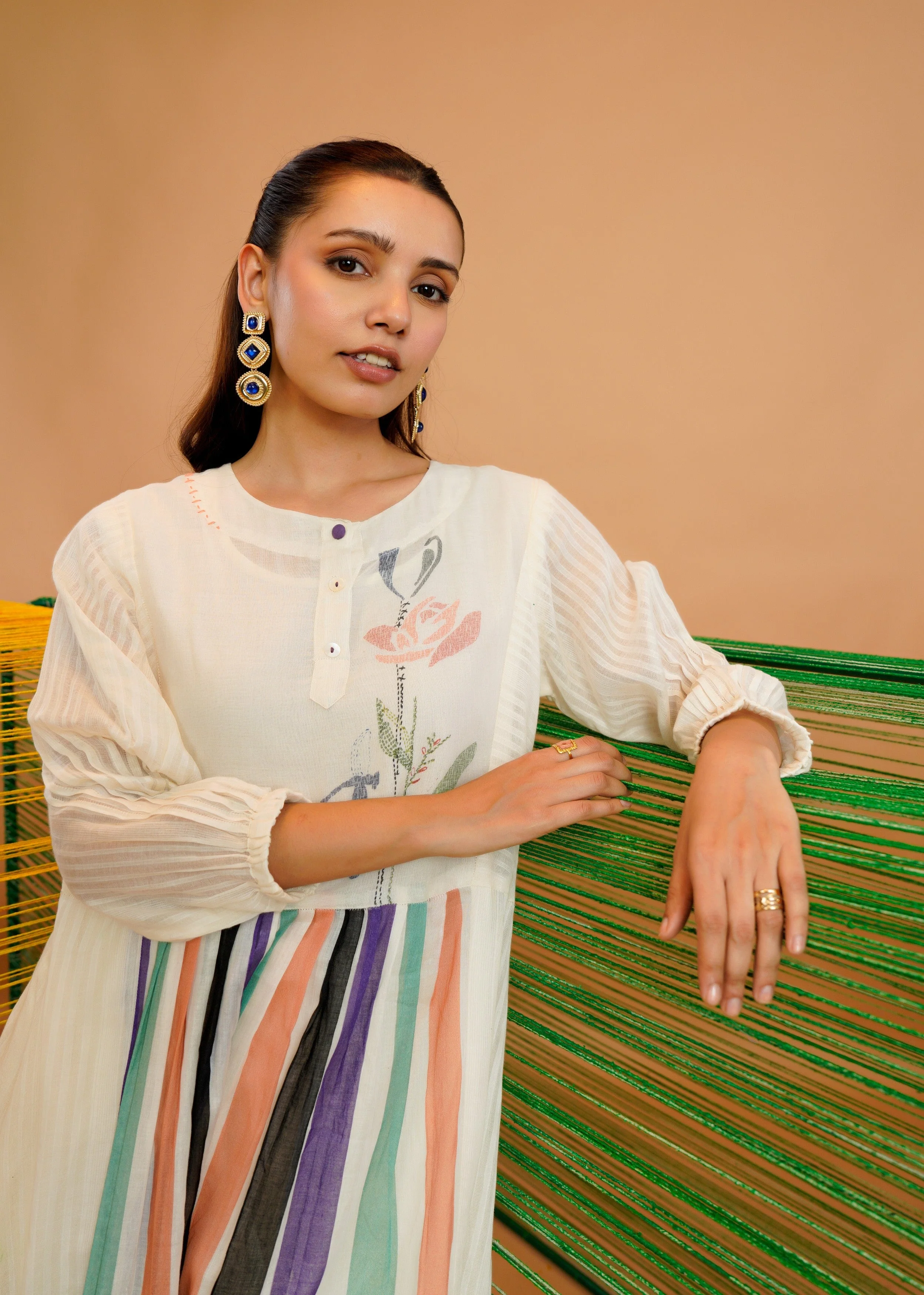 Ivory Multi-Stripe Printed Cotton Kurta Set - Image 2