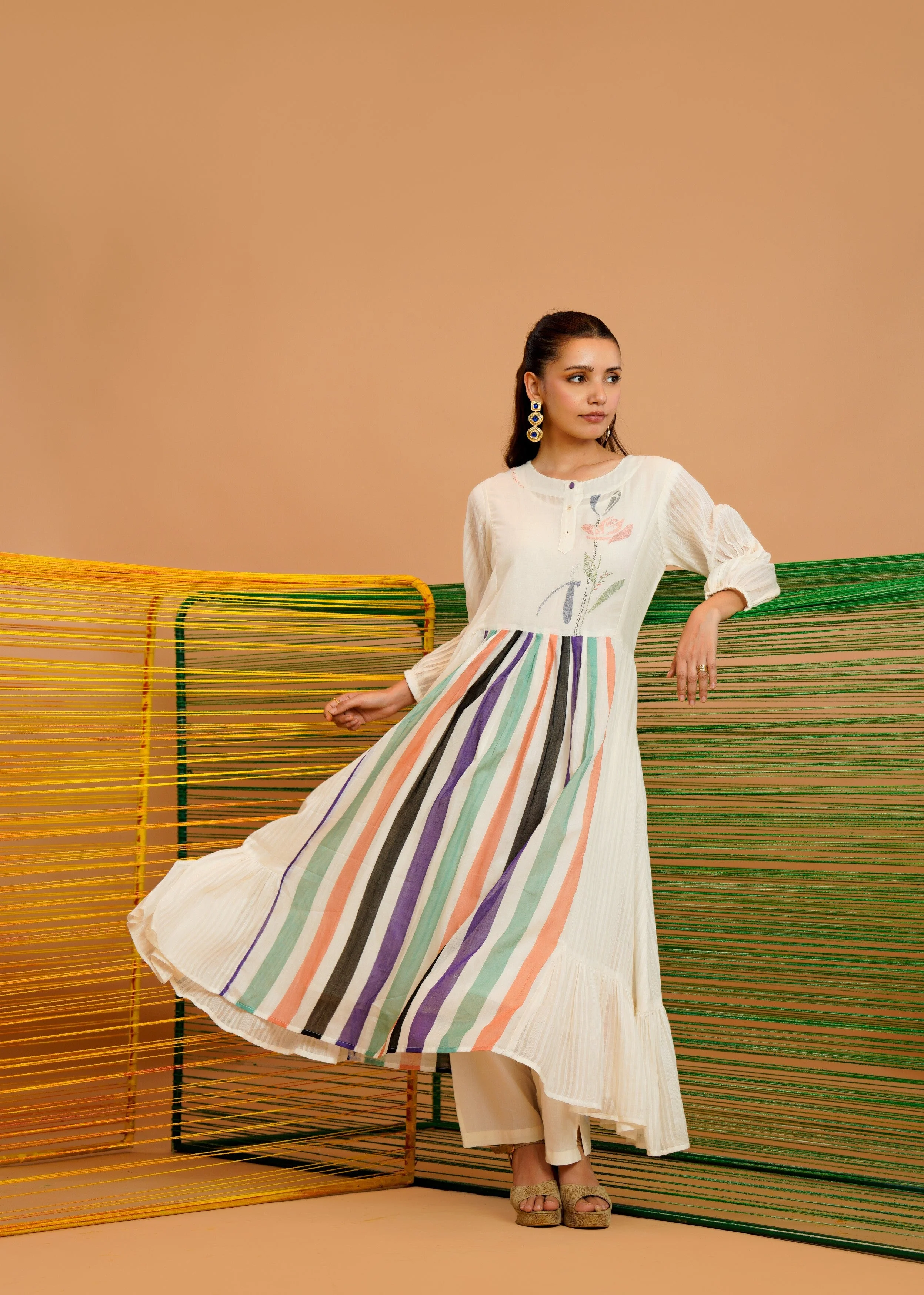 Ivory Multi-Stripe Printed Cotton Kurta Set - Image 3
