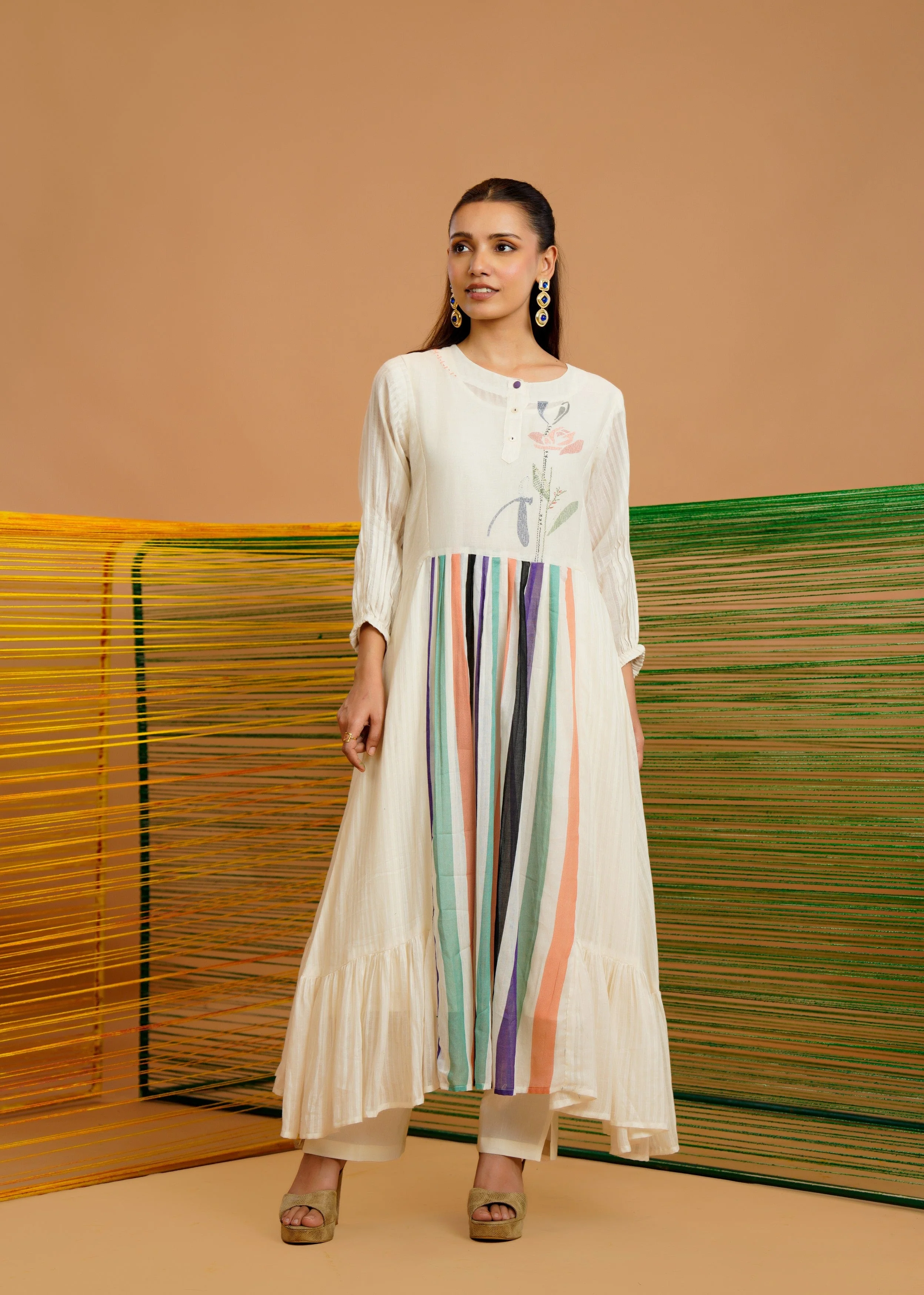 Ivory Multi-Stripe Printed Cotton Kurta Set - Image 4