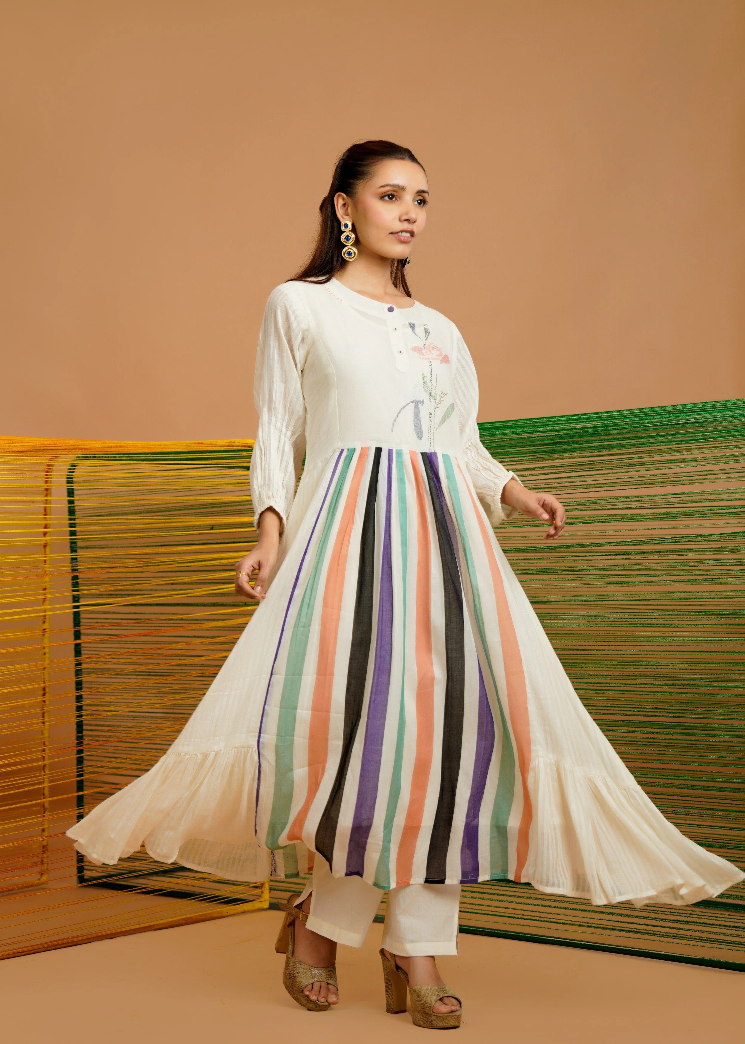 Ivory Multi-Stripe Printed Cotton Kurta Set - Image 5